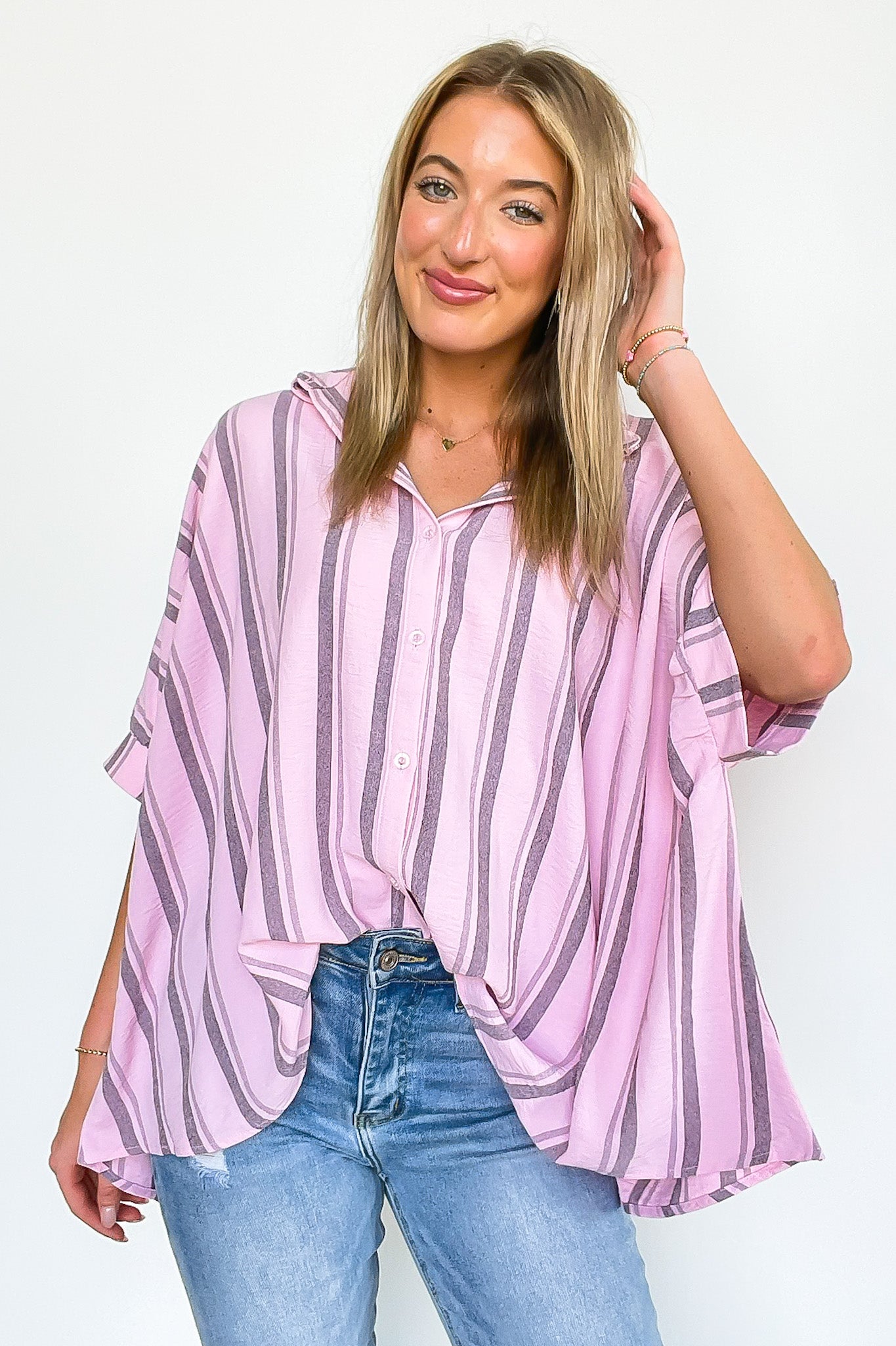 Mirina Oversized Striped Button Down Top - BACK IN STOCK