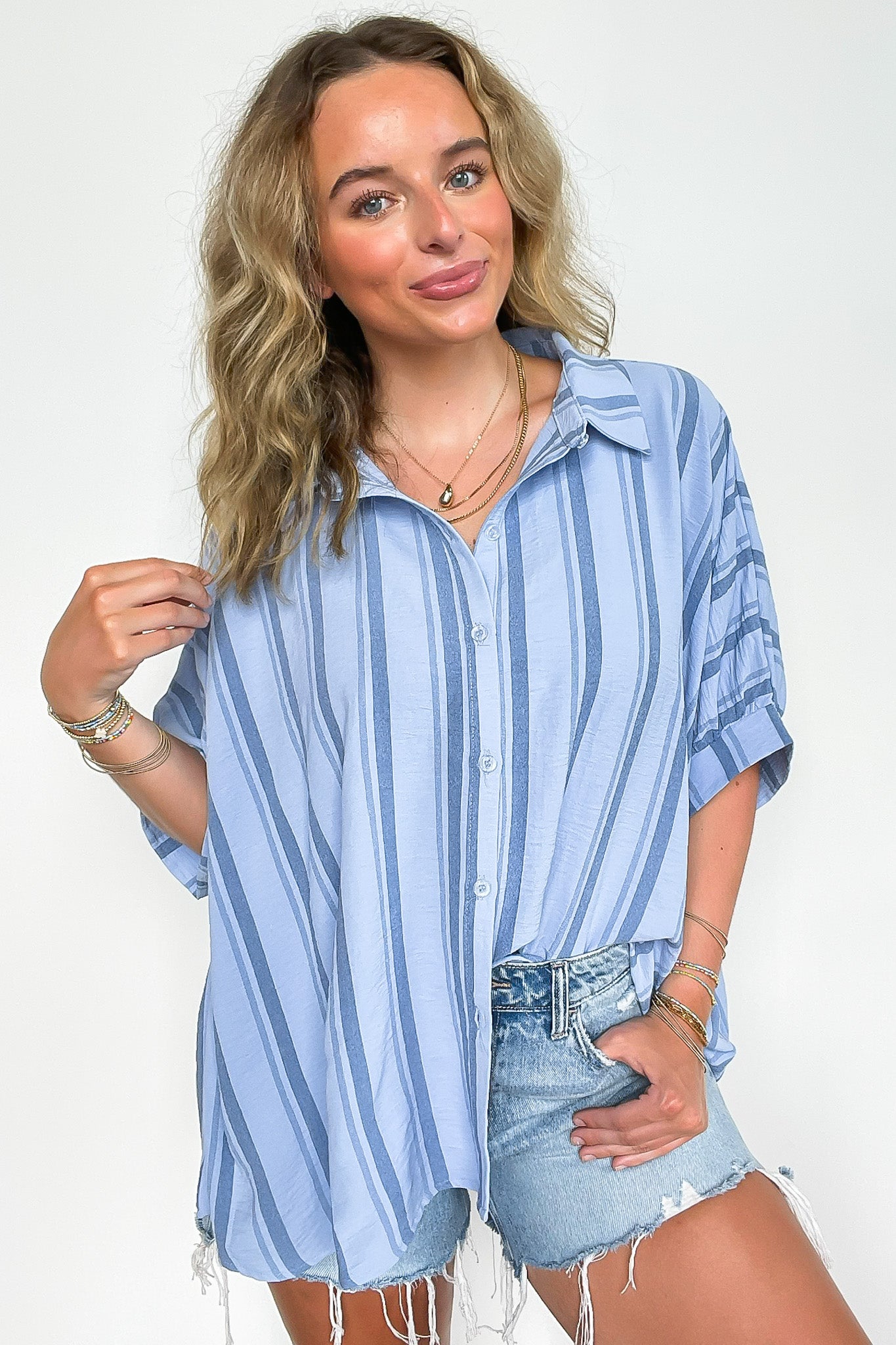 Spring Blue / SM Mirina Oversized Striped Button Down Top - BACK IN STOCK - Madison and Mallory