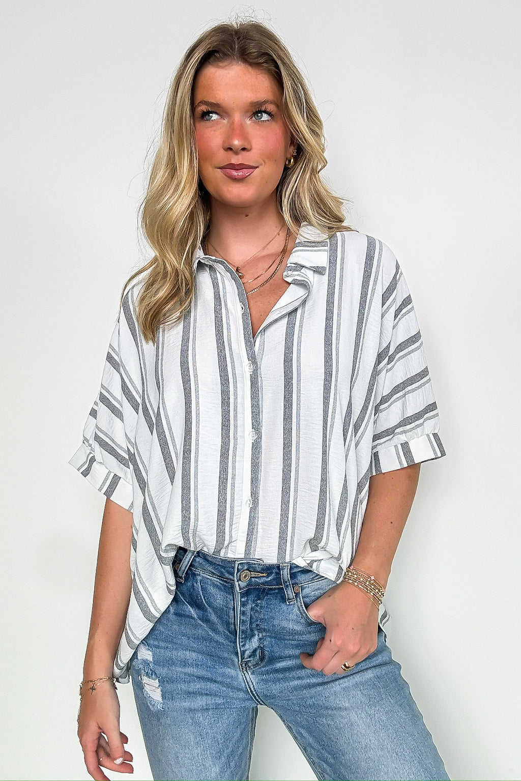 White/Black / SM Mirina Oversized Striped Button Down Top - Madison and Mallory