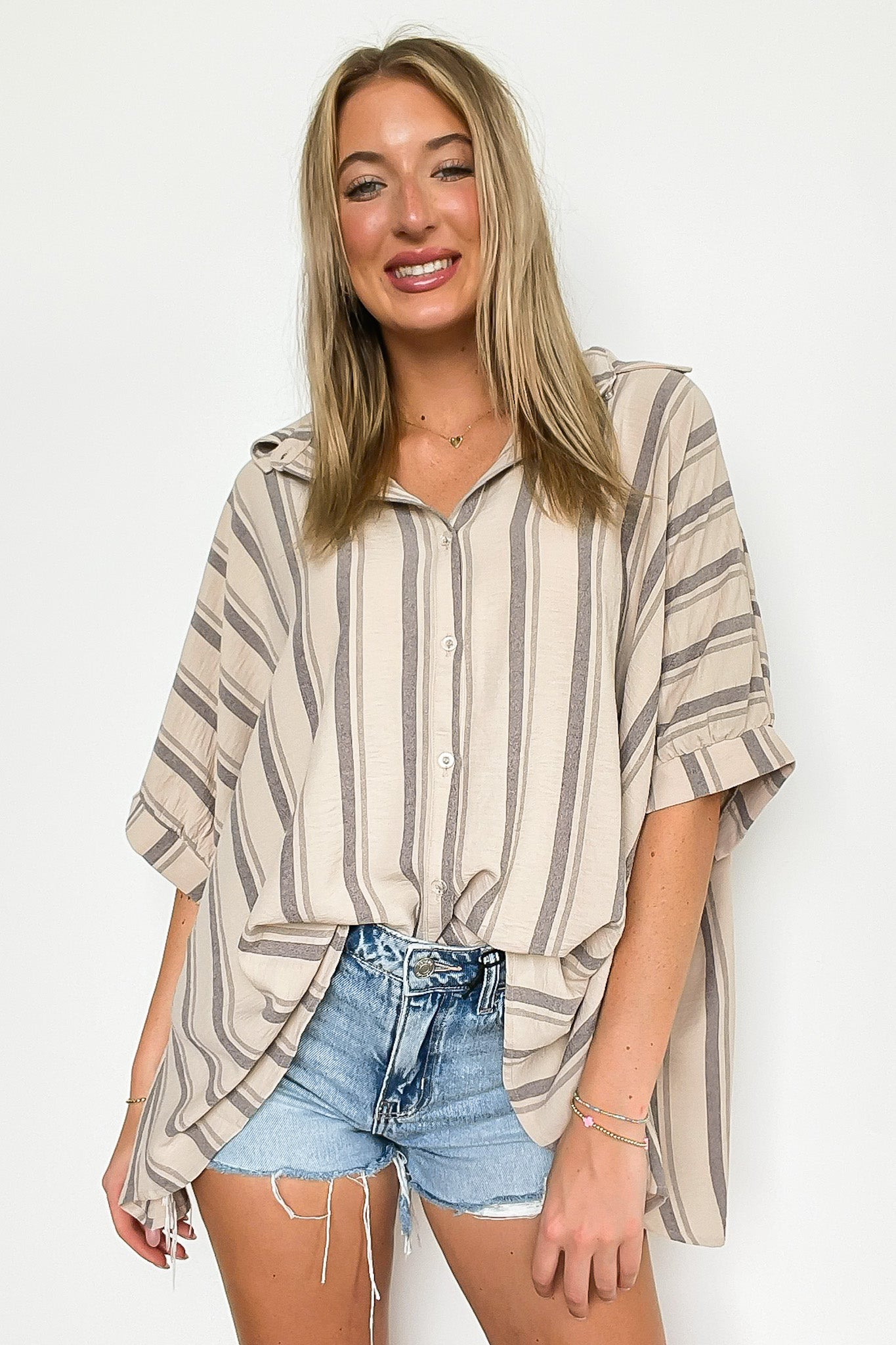 Taupe / SM Mirina Oversized Striped Button Down Top - BACK IN STOCK - Madison and Mallory