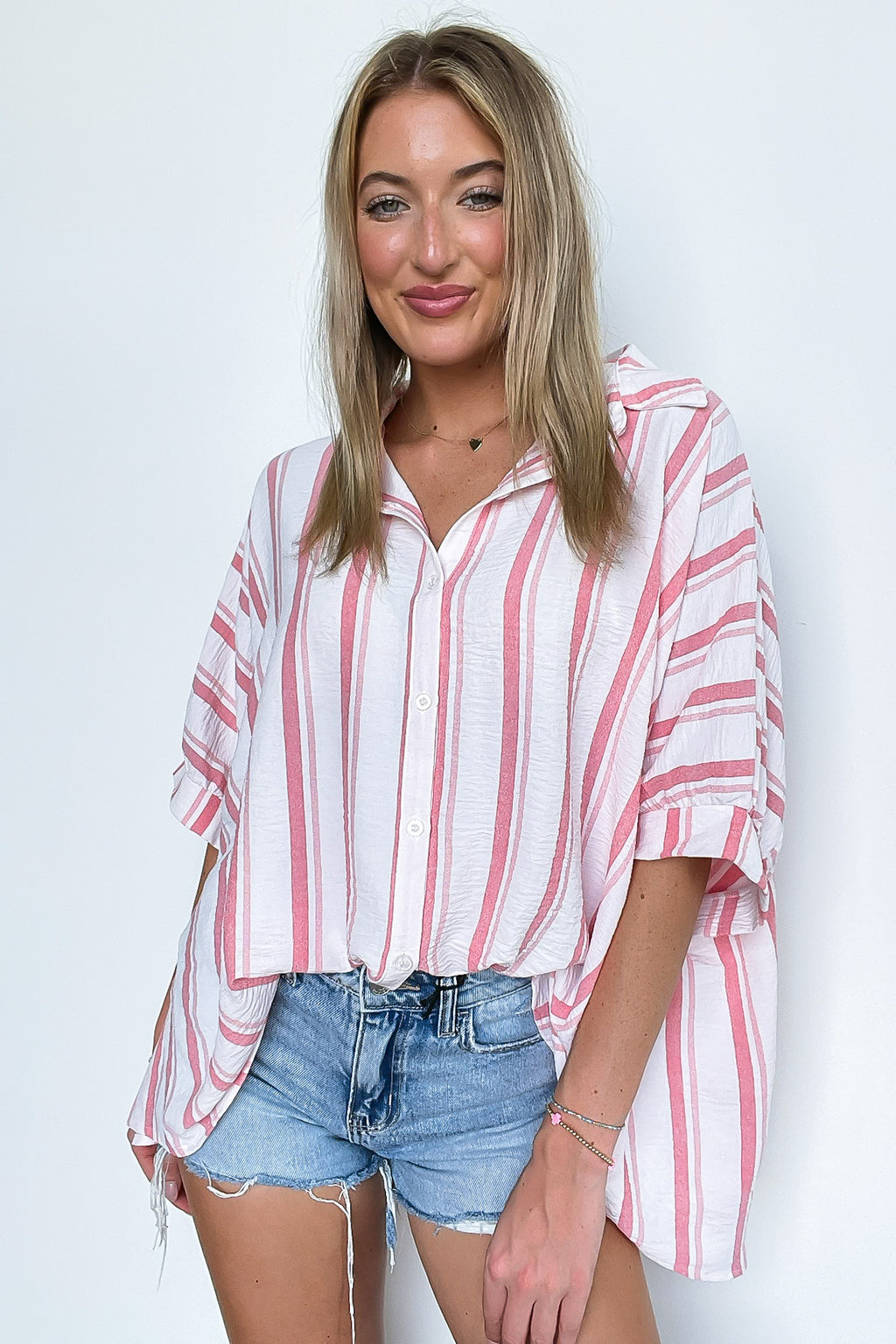 White/Coral / SM Mirina Oversized Striped Button Down Top - Madison and Mallory
