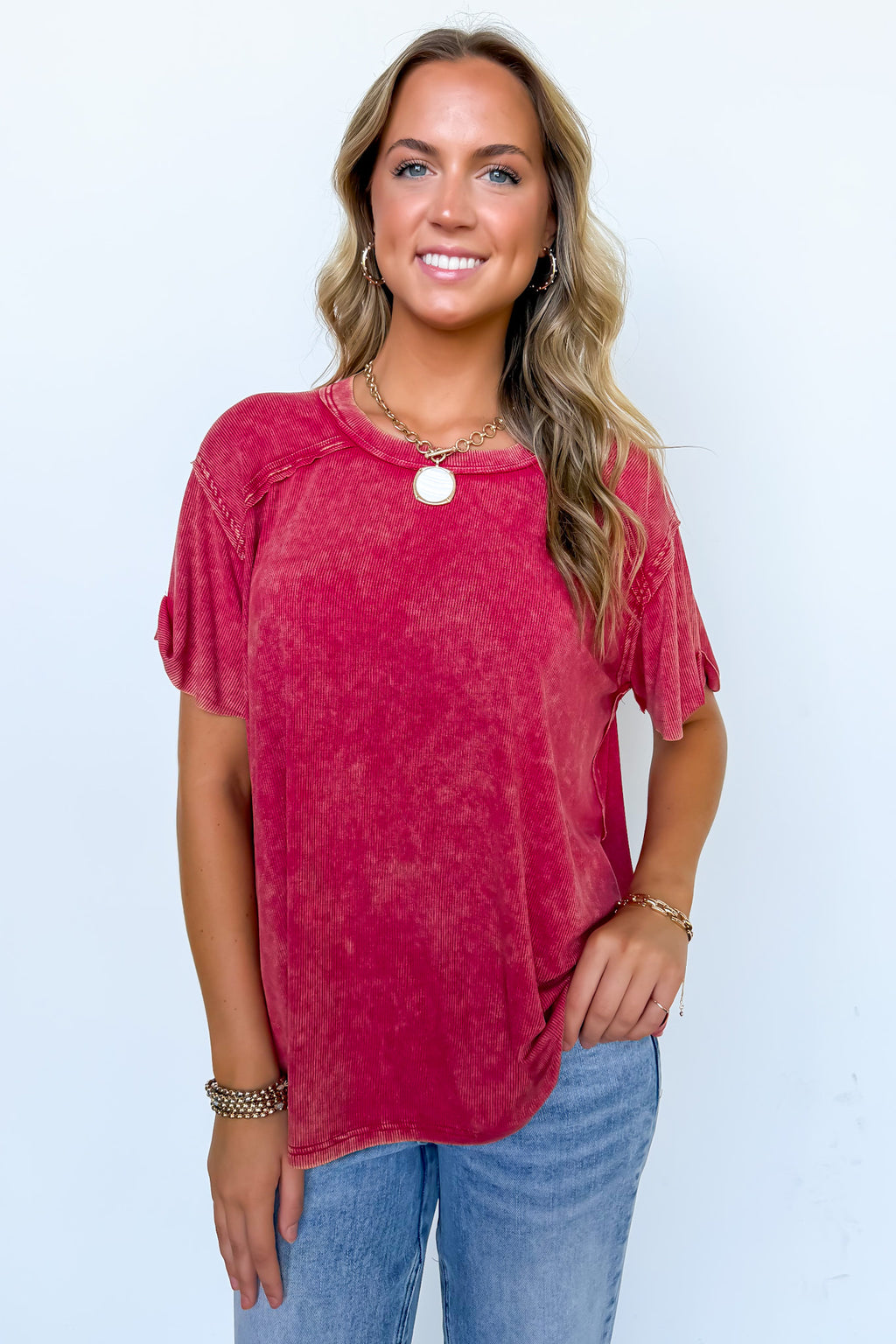 Dark Red / SM Mirissa Mineral Washed Boat Neck Top - Madison and Mallory