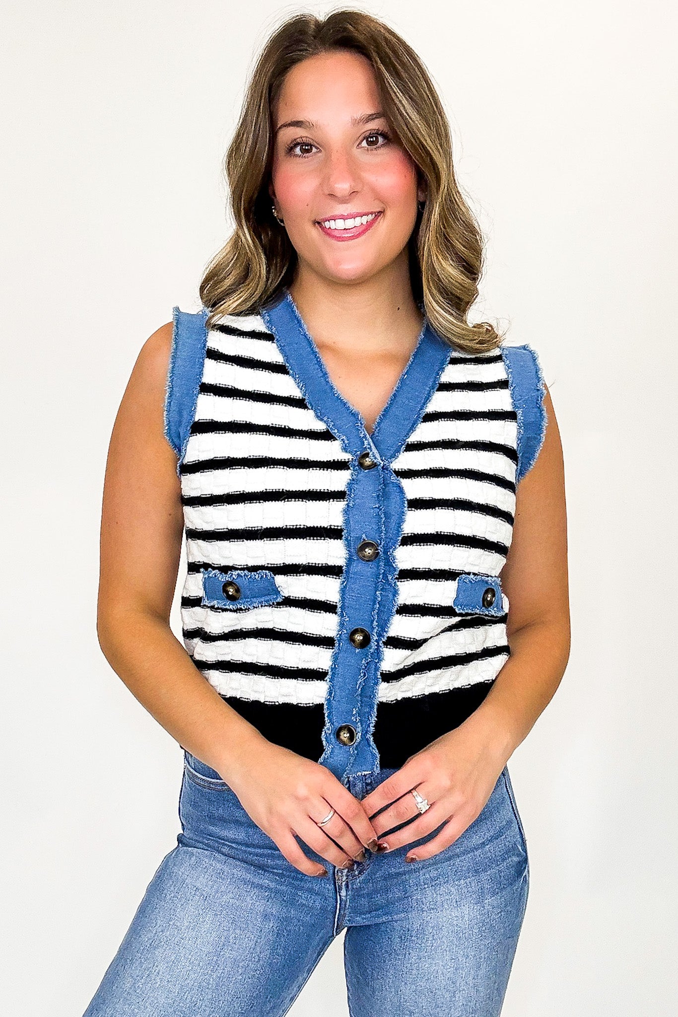 Modern Stitch Striped Knit Denim Trim Vest