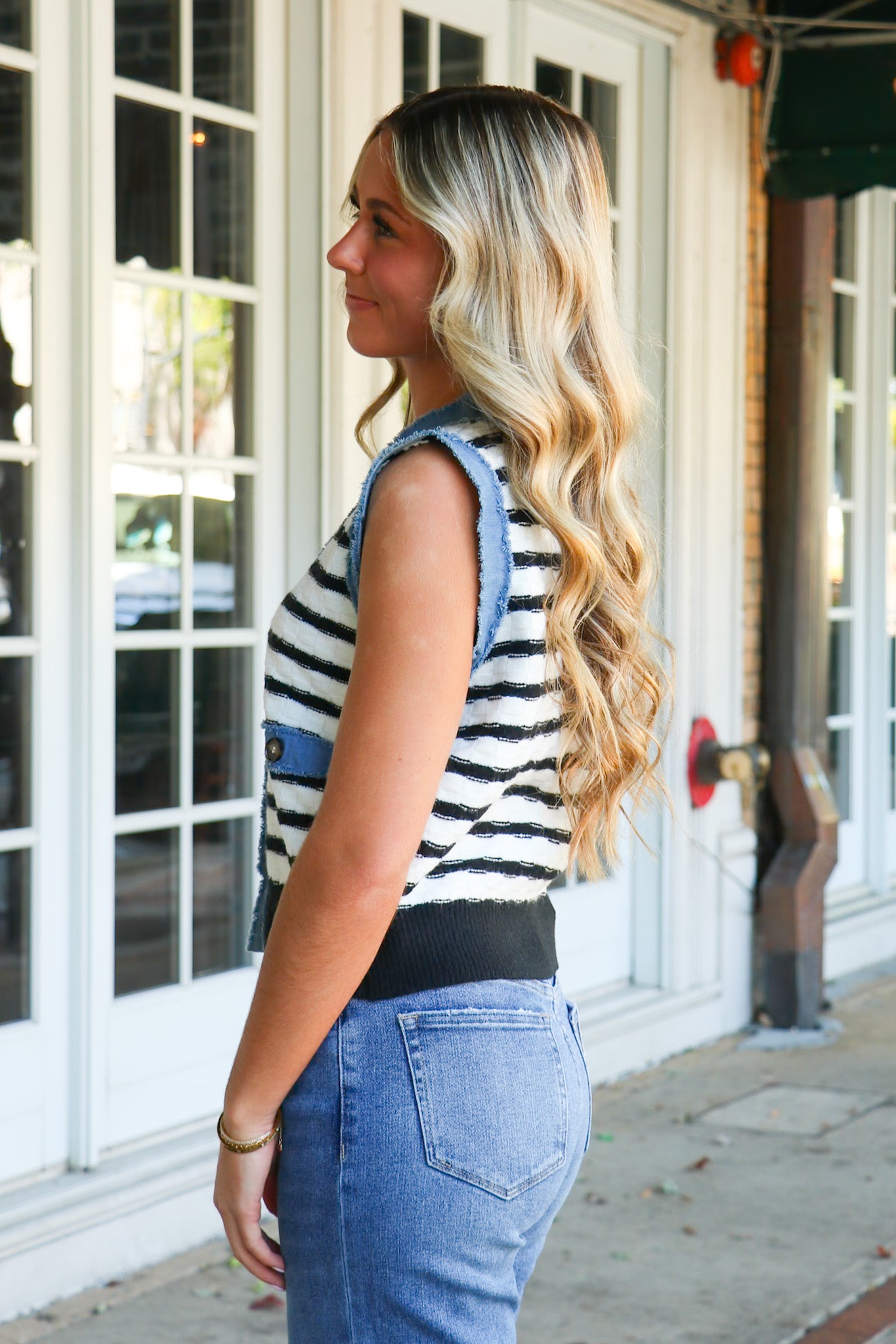 Modern Stitch Striped Knit Denim Trim Vest