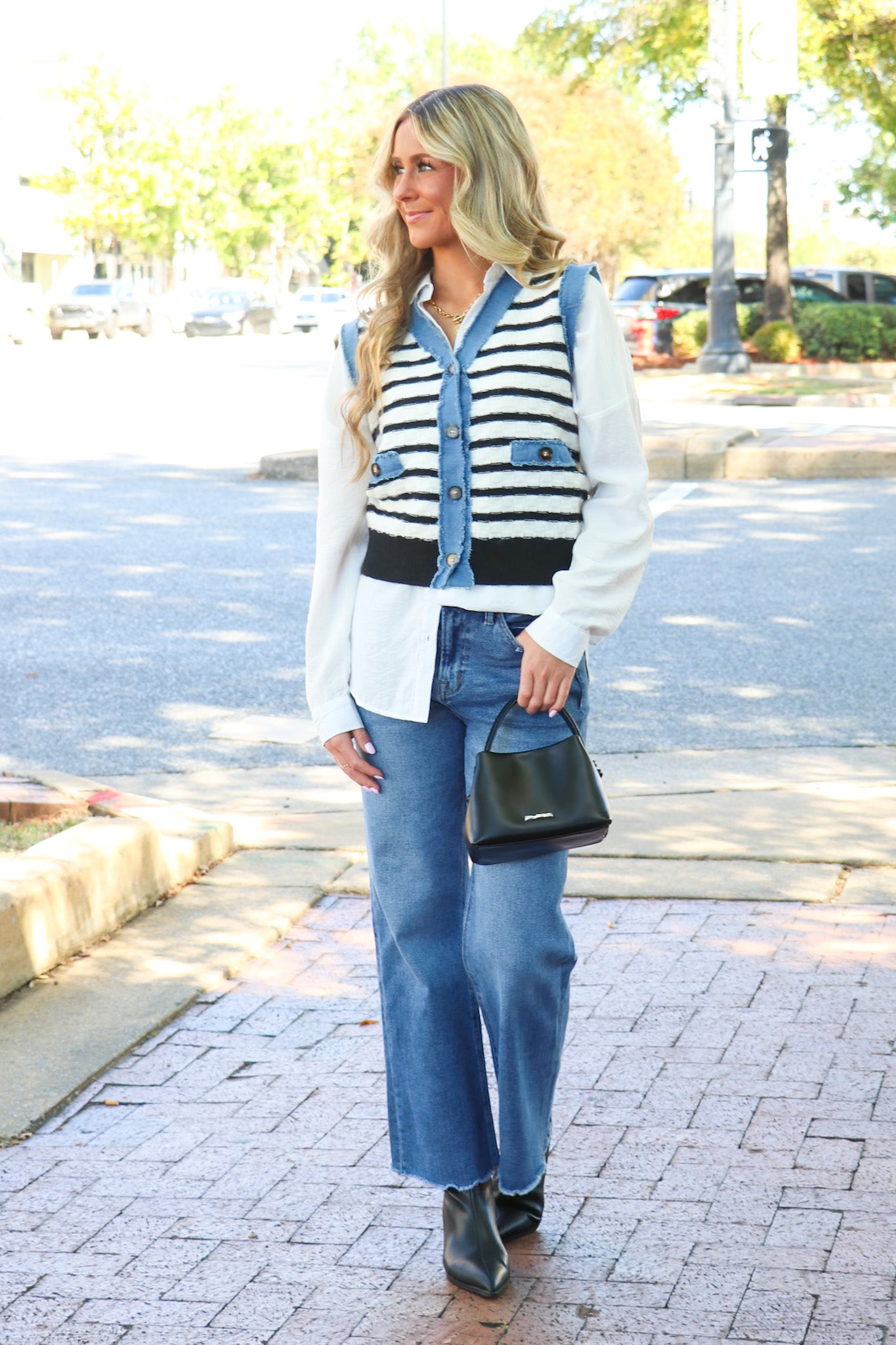 Modern Stitch Striped Knit Denim Trim Vest