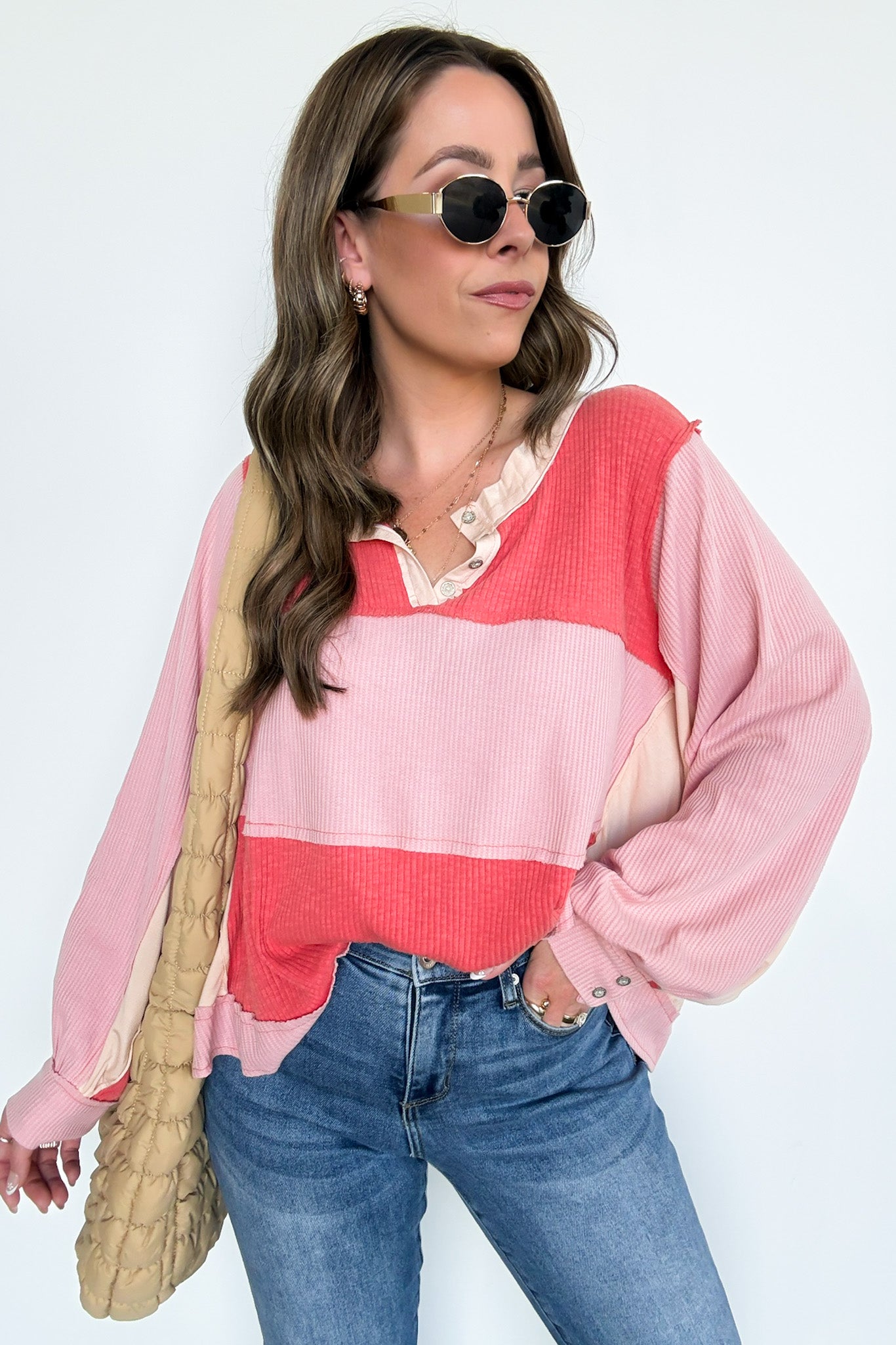 S / Peach Blush Moirah Color Block Collared Top - Madison and Mallory