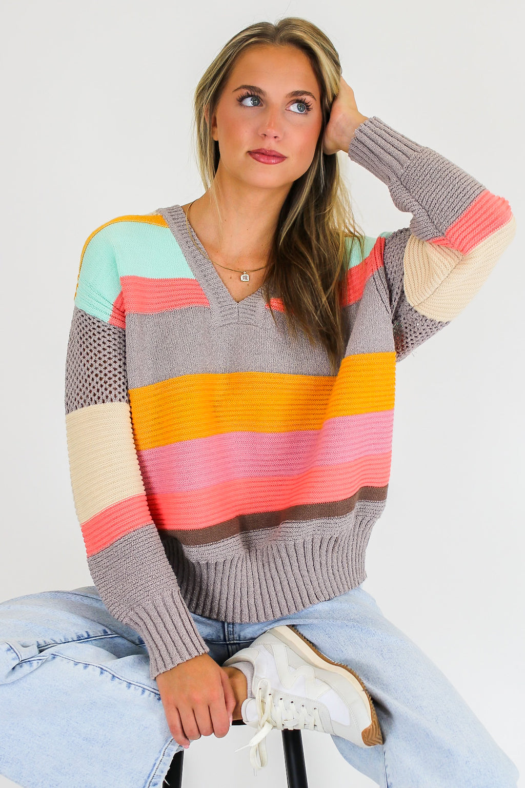 S / Mocha/Mint/Coral Mood Boost Color Block Striped Sweater - Madison and Mallory