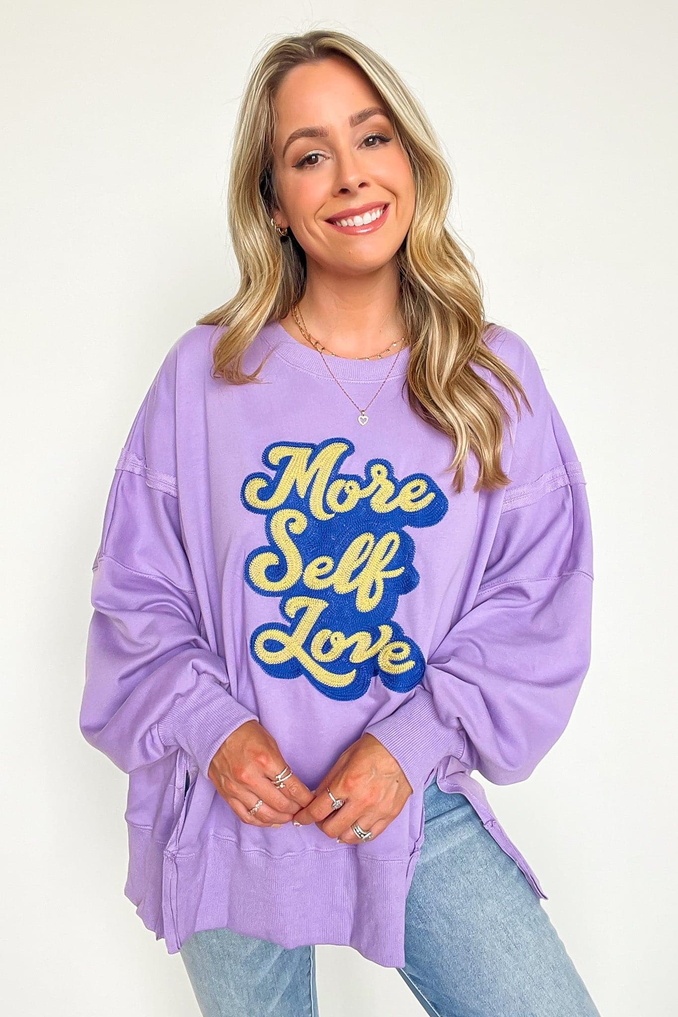 Lavender / S More Self Love Oversized Graphic Embroidered Pullover - FINAL SALE - Madison and Mallory