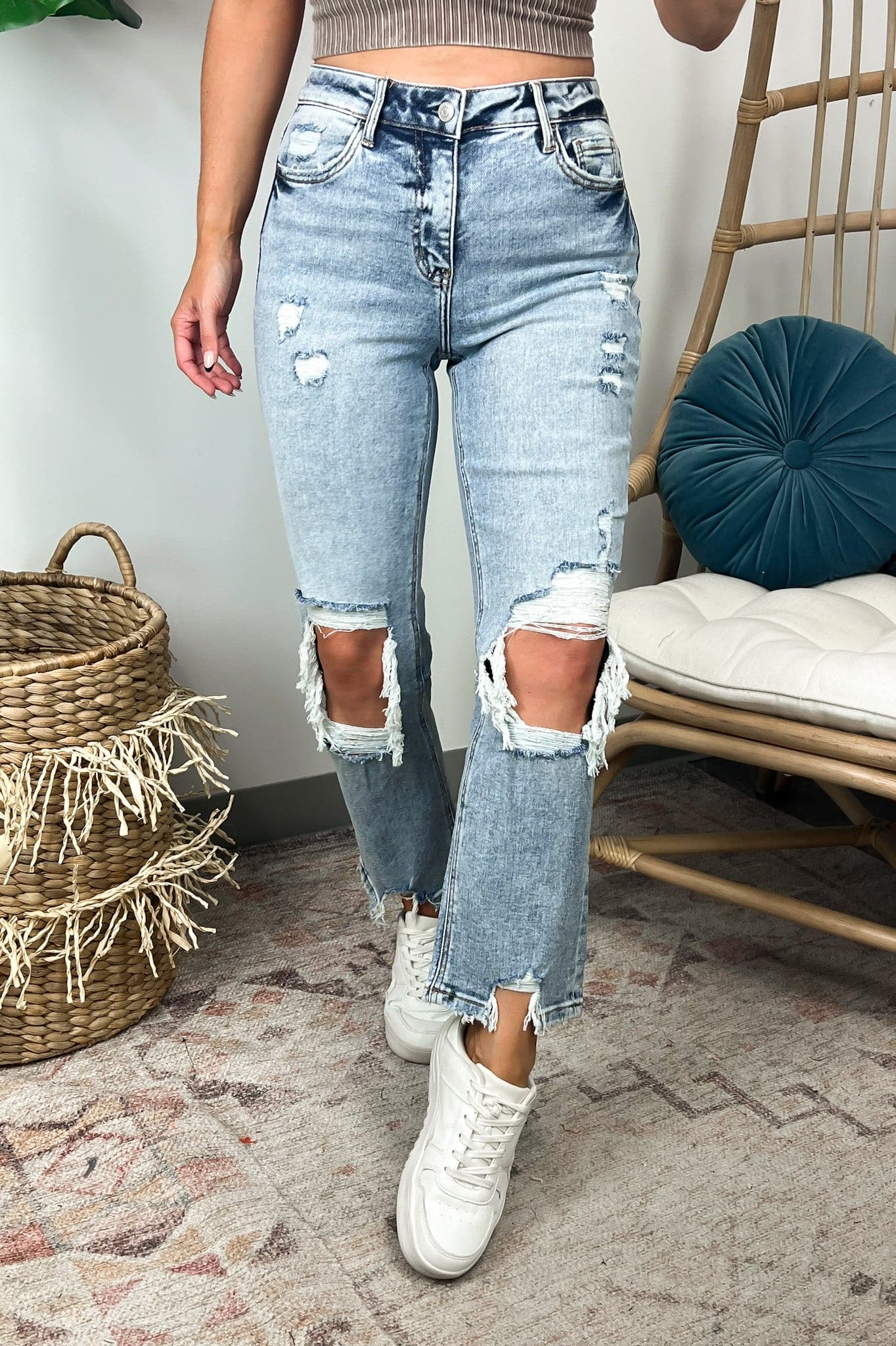 25 / Light Moria High Rise Cropped Straight Distressed Jeans - Madison and Mallory