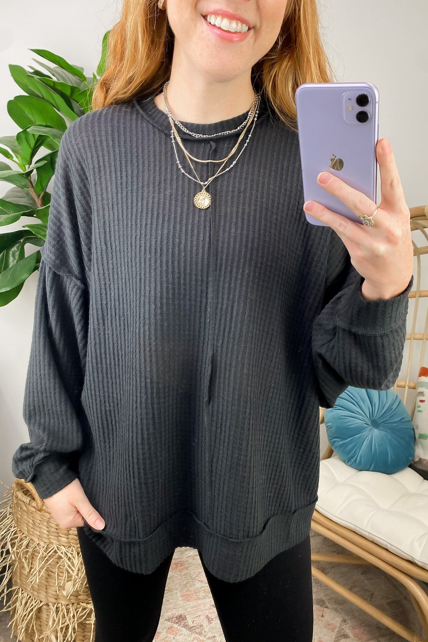  Mylissa Brushed Waffle Knit Exposed Seam Top - BACK IN STOCK - Madison and Mallory