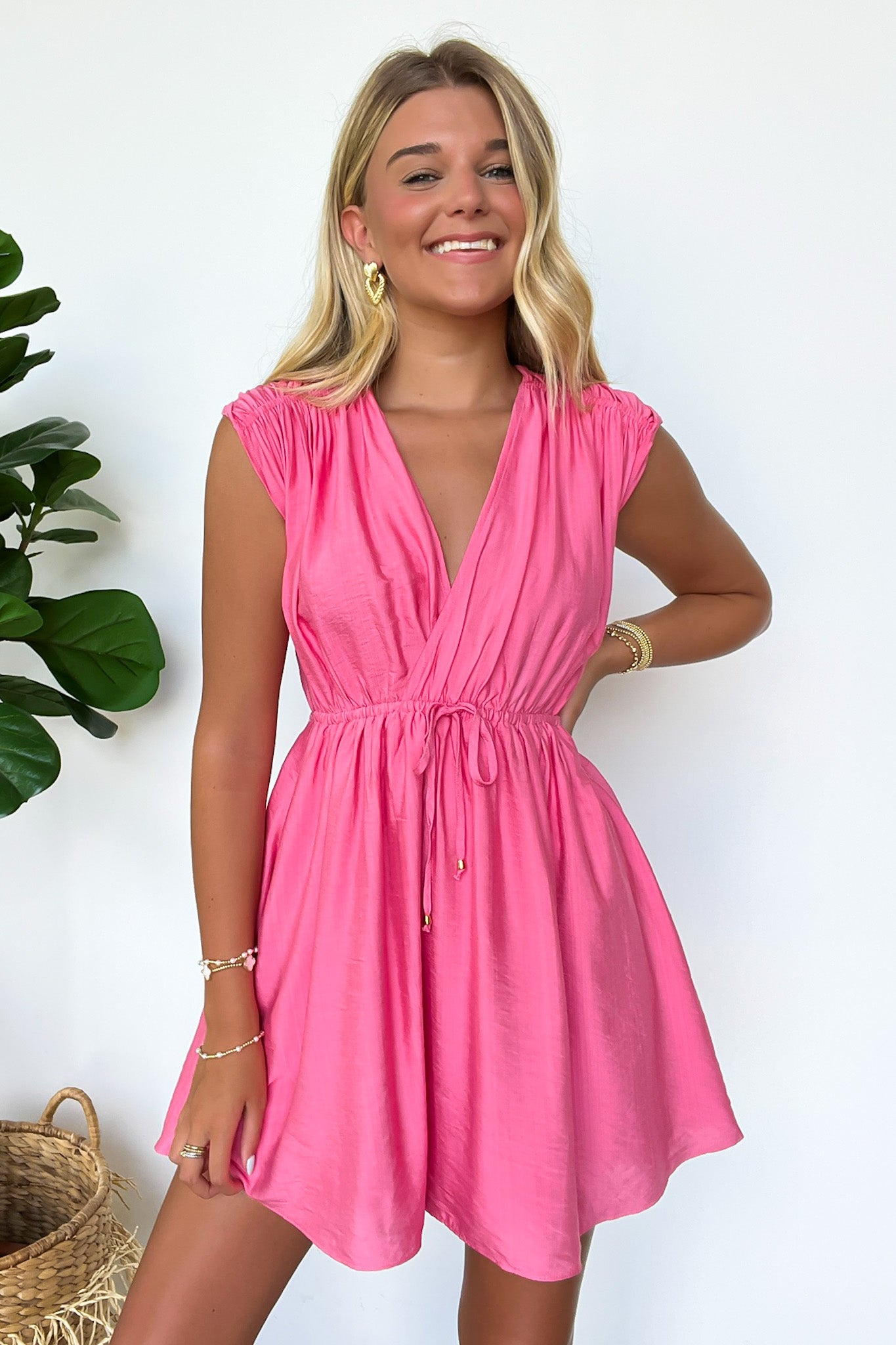 S / Pink Nadia Ruched Wrap Dress - Madison and Mallory