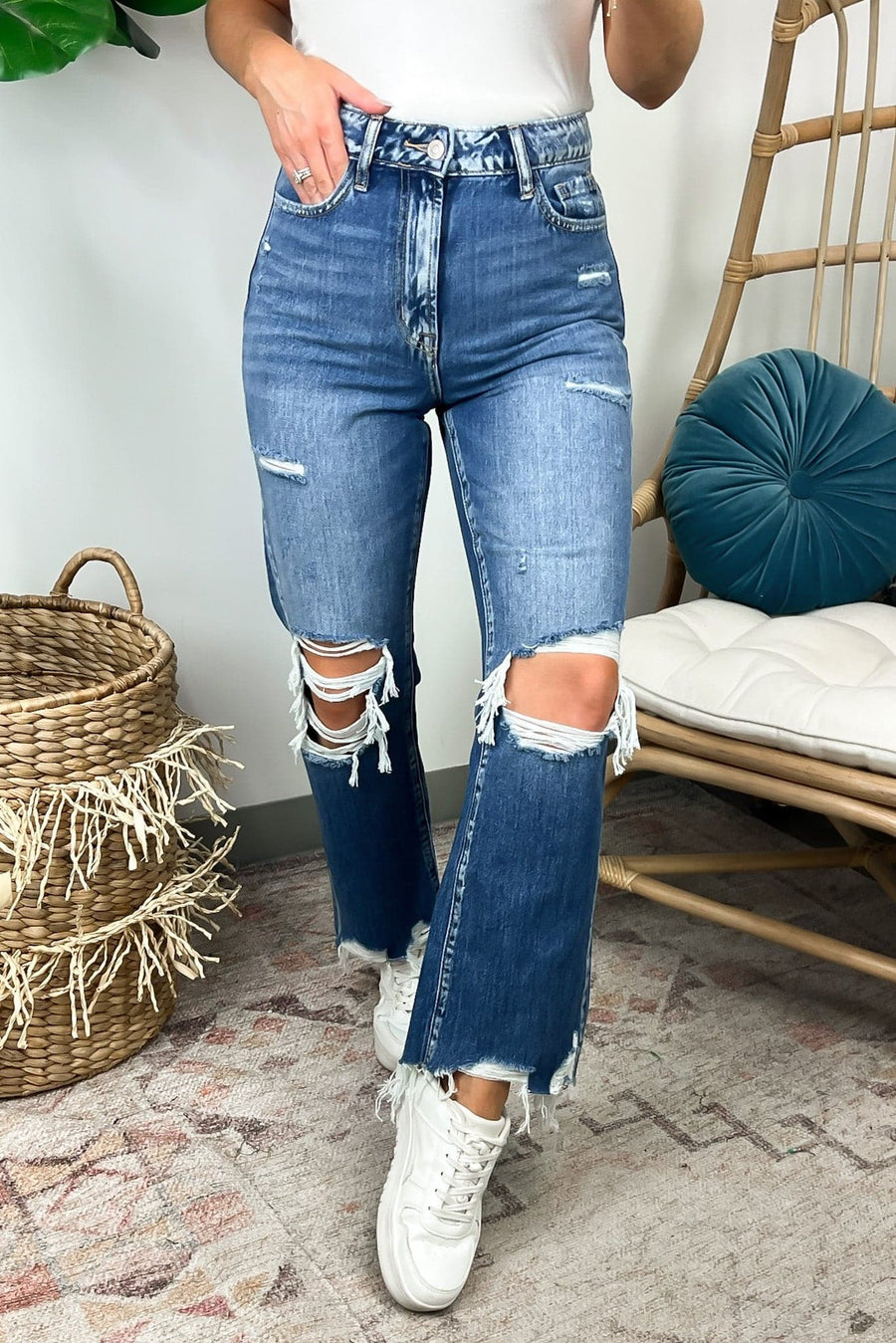 25 / Medium Denim Naida Distressed Straight Crop Denim Jeans - Madison and Mallory