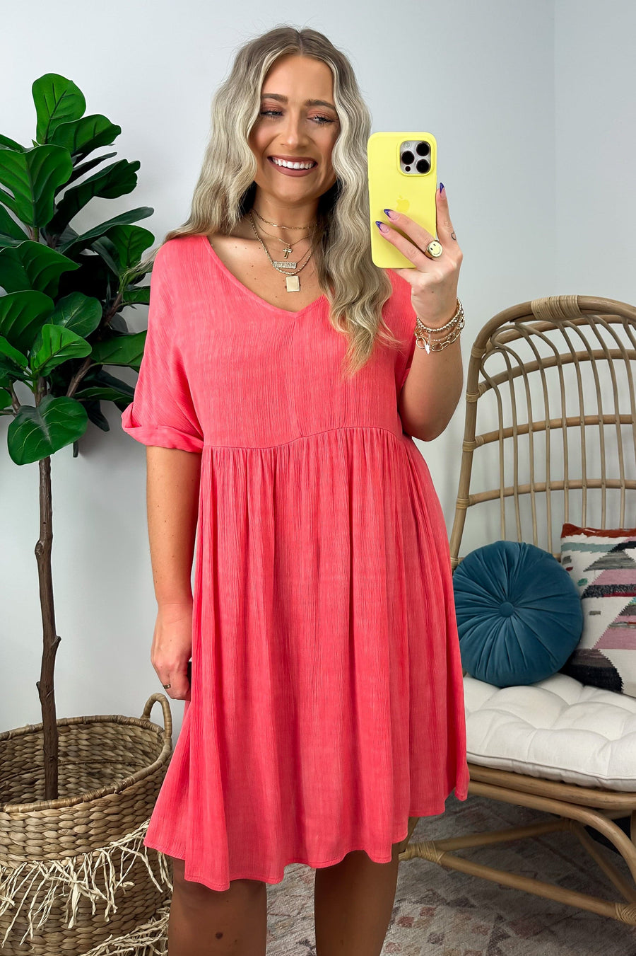 S / Coral Nandita V-Neck Washed Gauze Flowy Babydoll Dress - FINAL SALE - Madison and Mallory