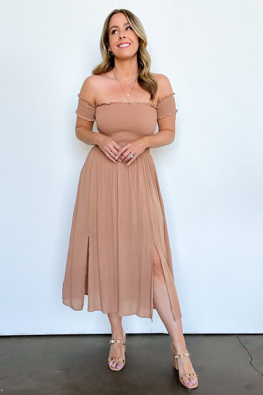 Clay / S Natashe Off Shoulder Smocked Dress - FINAL SALE - Madison and Mallory