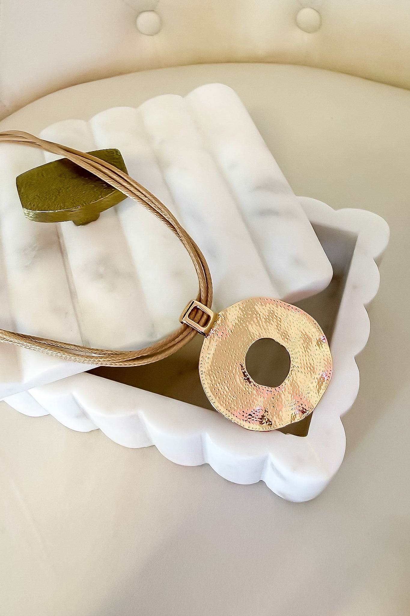 Gold Natural Form Hammered Circle Pendant Layered Cord Necklace - Madison and Mallory