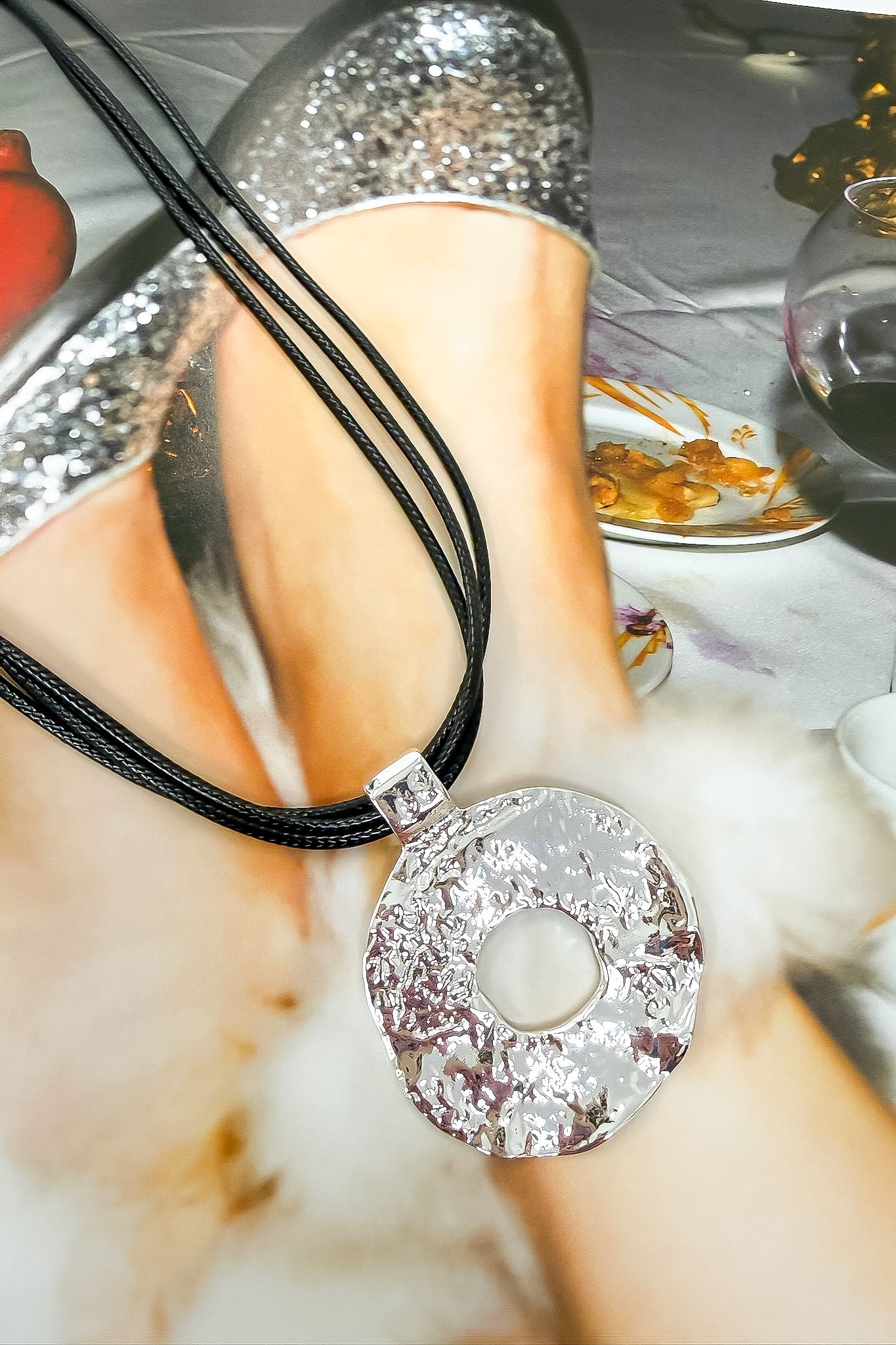 Natural Form Hammered Circle Pendant Layered Cord Necklace - Madison and Mallory