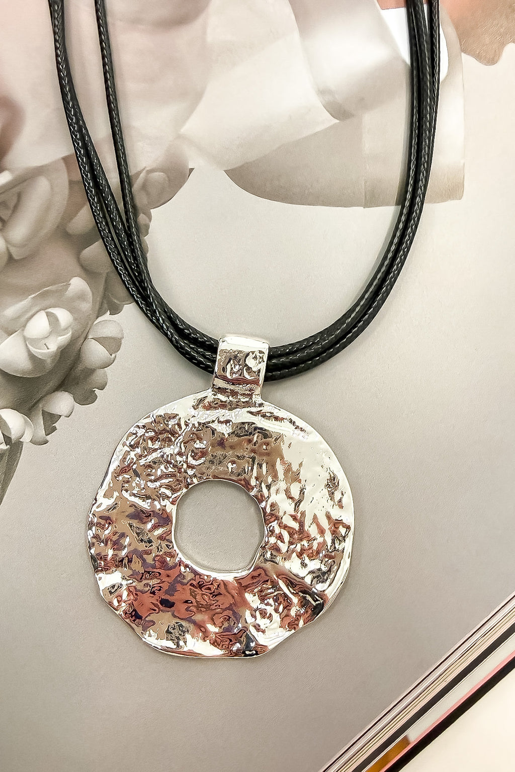 Silver Natural Form Hammered Circle Pendant Layered Cord Necklace - Madison and Mallory