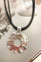 Silver Natural Form Hammered Circle Pendant Layered Cord Necklace - Madison and Mallory