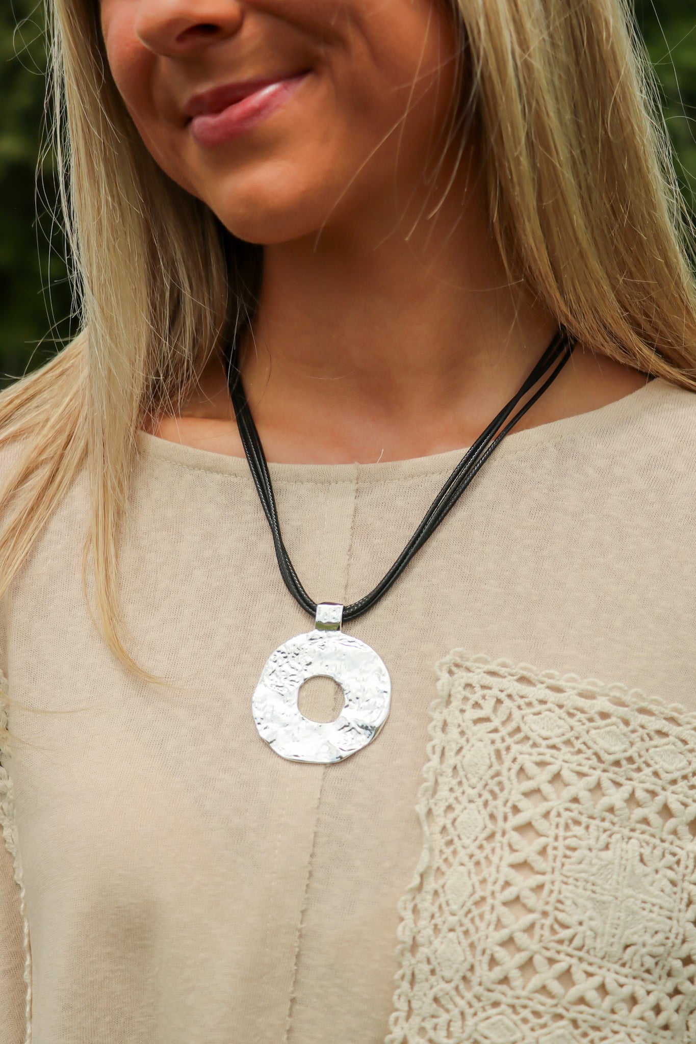 Natural Form Hammered Circle Pendant Layered Cord Necklace - Madison and Mallory