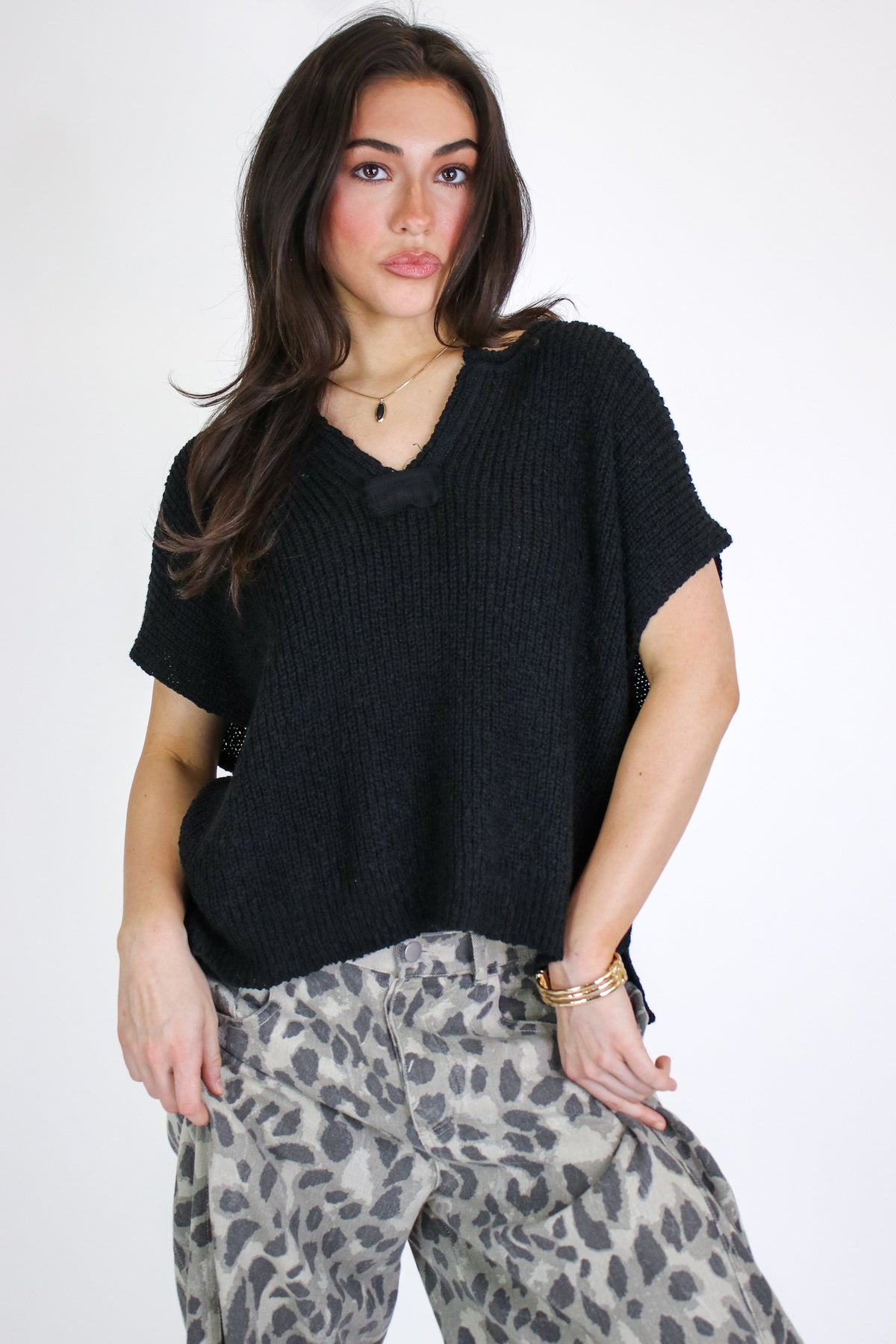 Black / SM Necessary Charm V-Neck Side Slit Knit Top - Madison and Mallory