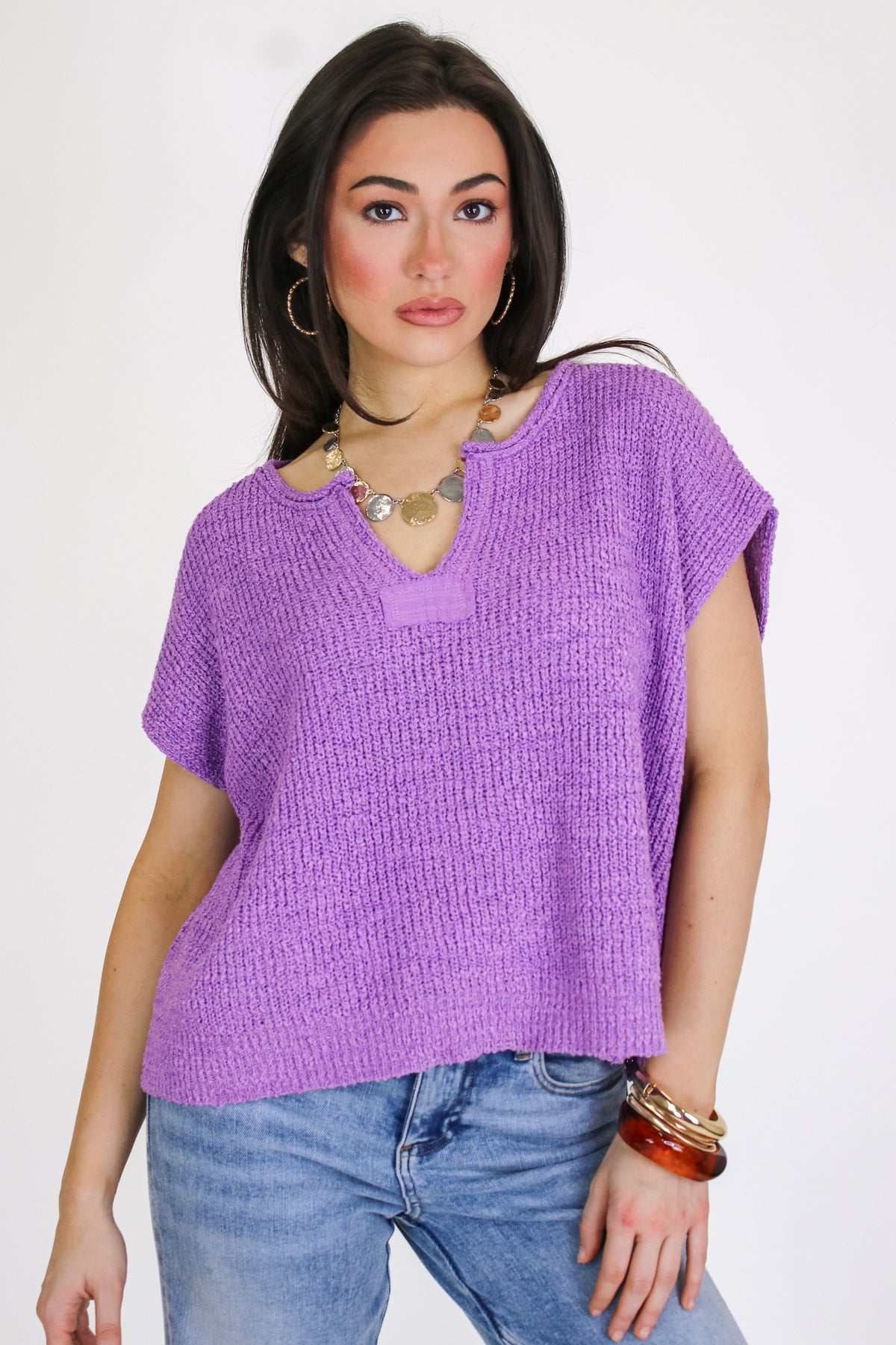 Bright Lavender / SM Necessary Charm V-Neck Side Slit Knit Top - Madison and Mallory