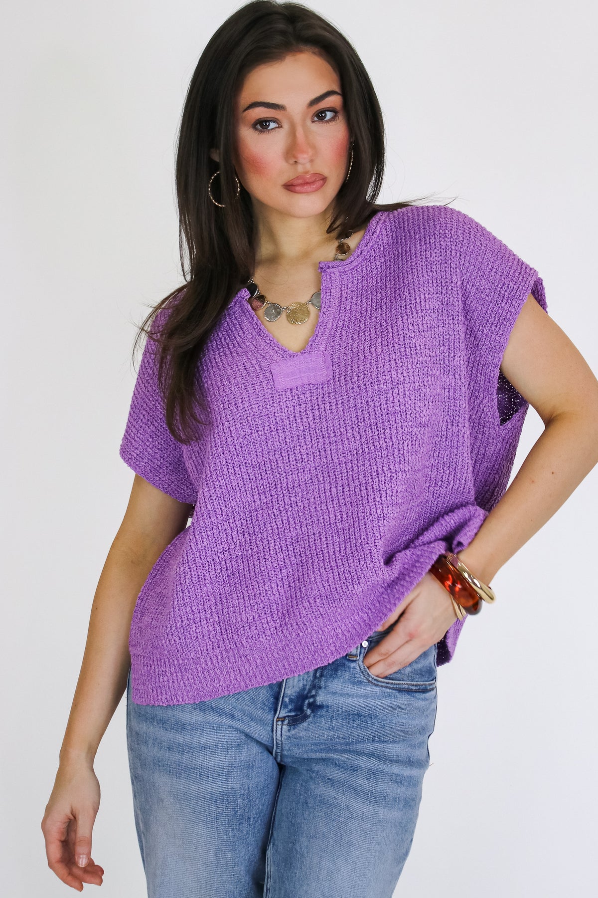 Necessary Charm V-Neck Side Slit Knit Top - Madison and Mallory