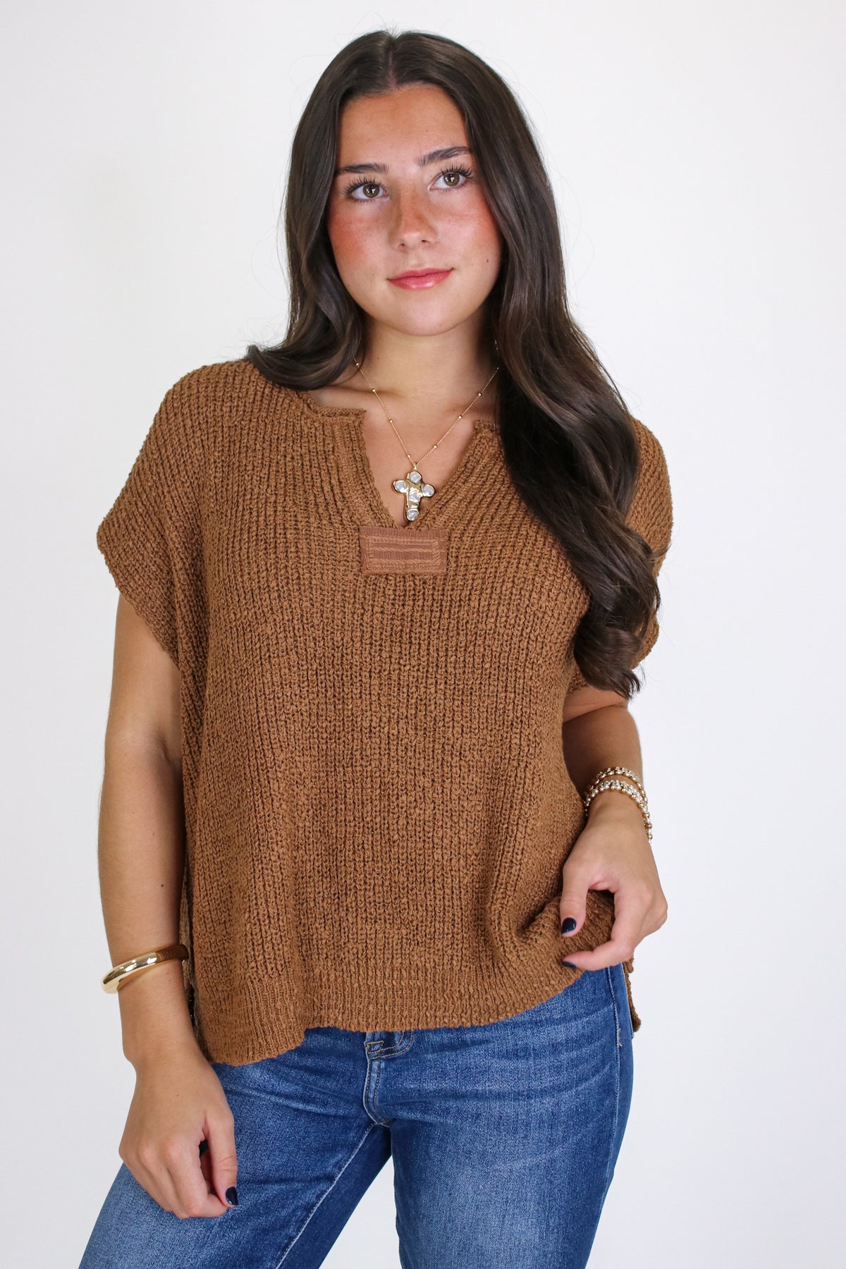 Deep Camel / SM Necessary Charm V-Neck Side Slit Knit Top - Madison and Mallory