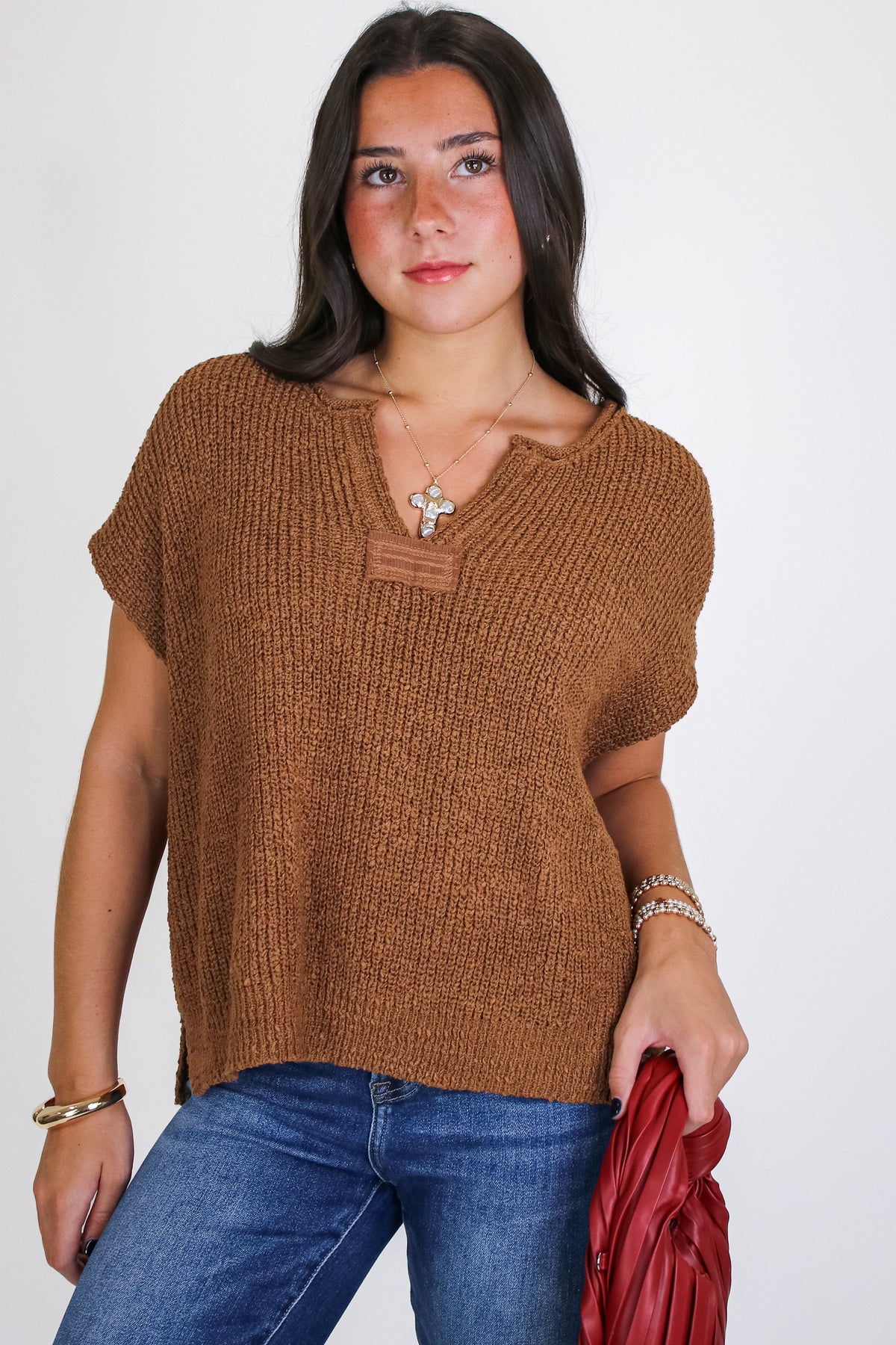 Necessary Charm V-Neck Side Slit Knit Top - Madison and Mallory