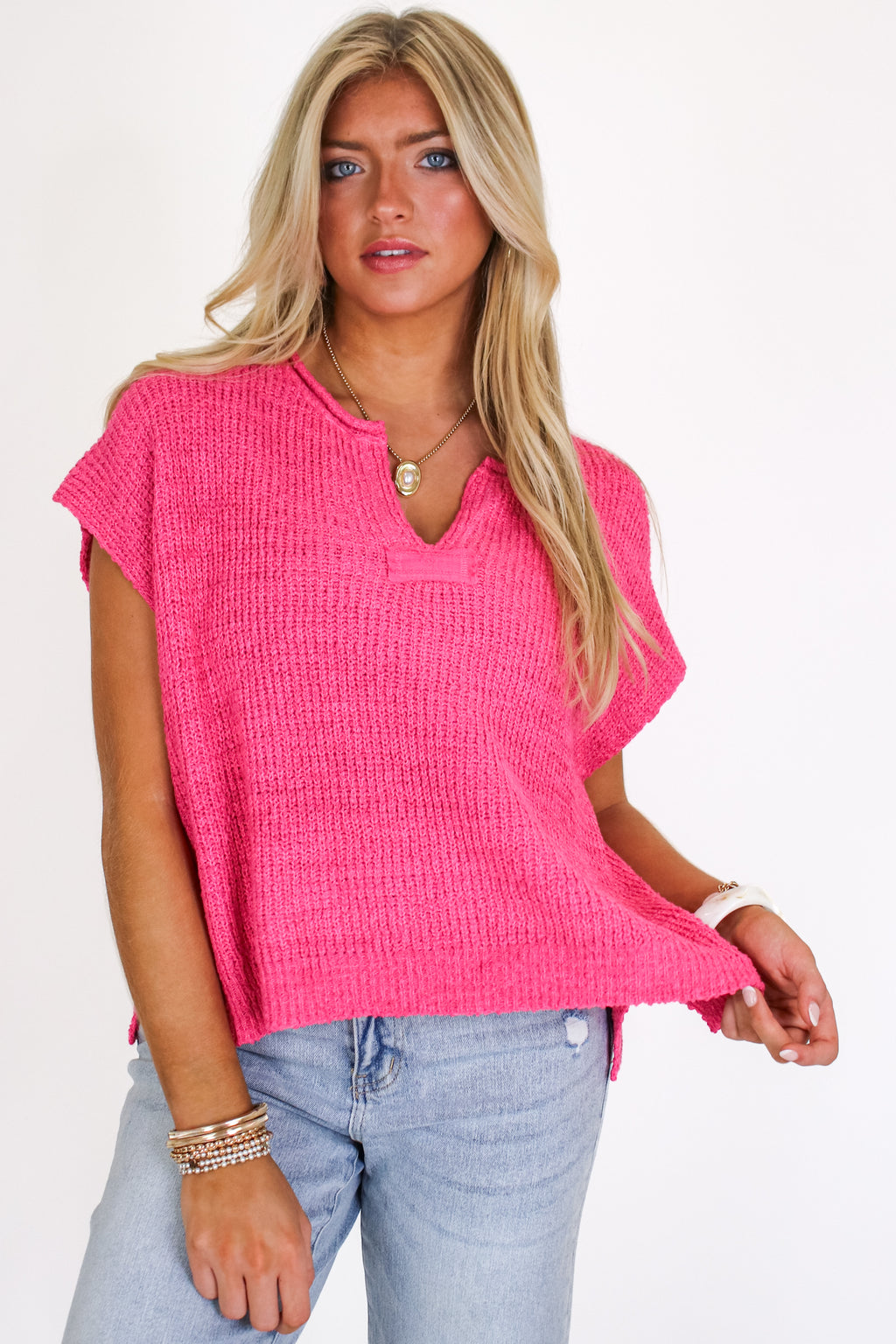 Fuchsia / SM Necessary Charm V-Neck Side Slit Knit Top - Madison and Mallory