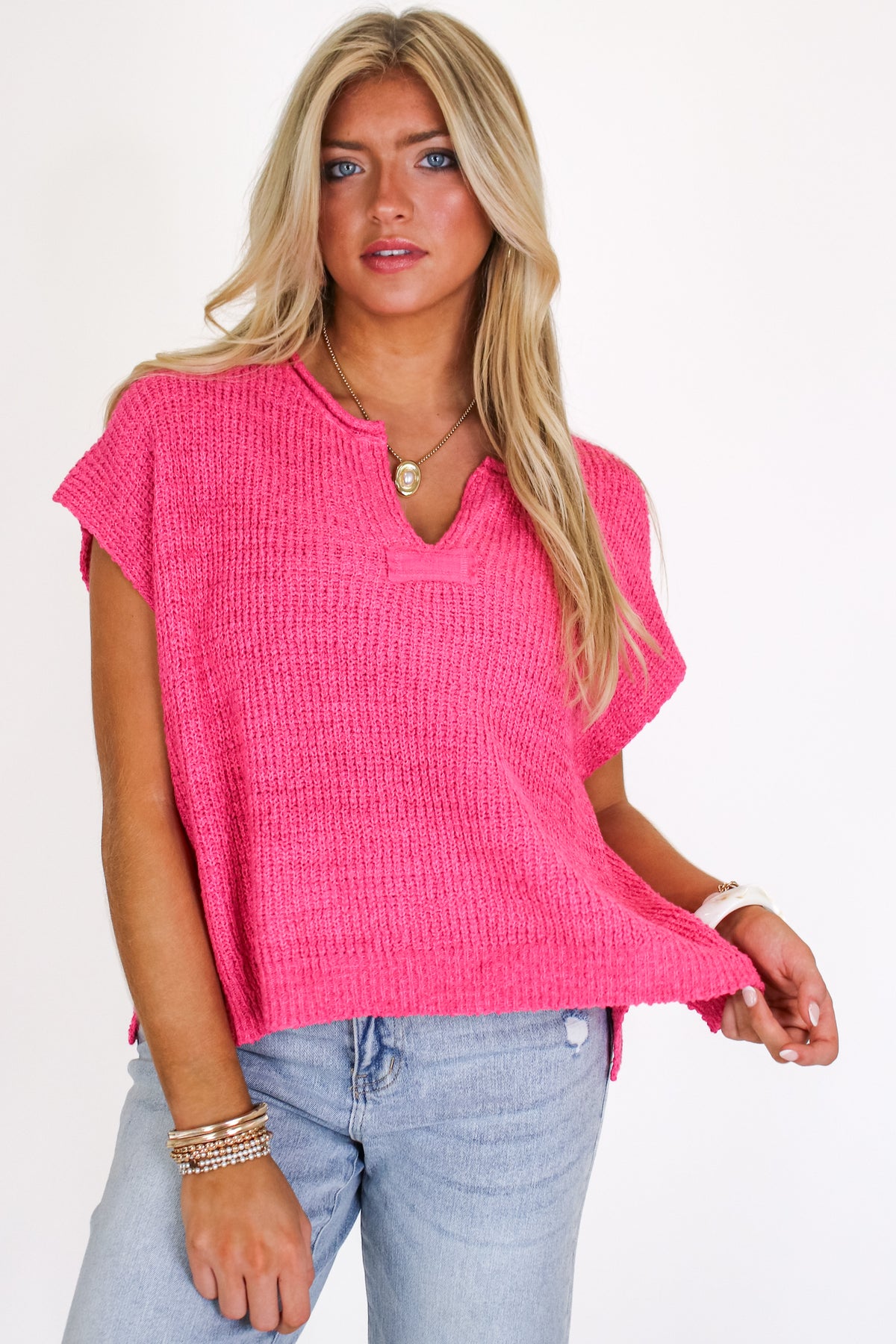 Fuchsia / SM Necessary Charm V-Neck Side Slit Knit Top - Madison and Mallory