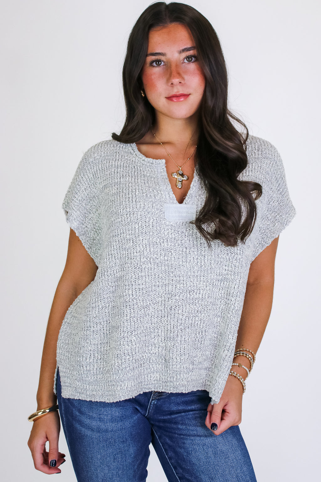Heather Gray / SM Necessary Charm V-Neck Side Slit Knit Top - Madison and Mallory