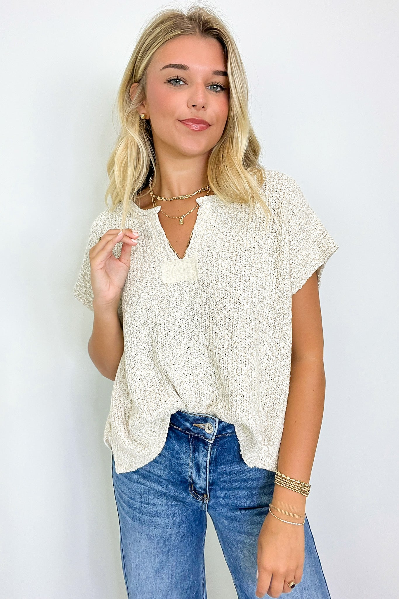 Sand Beige / SM Necessary Charm V-Neck Side Slit Knit Top - BACK IN STOCK - Madison and Mallory