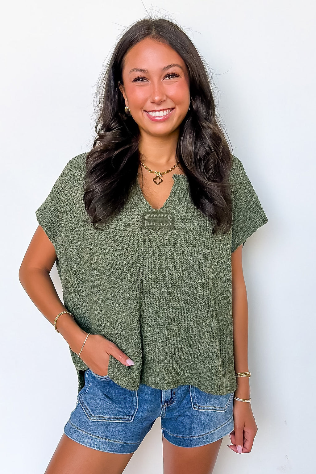 Light Olive / SM Necessary Charm V-Neck Side Slit Knit Top - Madison and Mallory