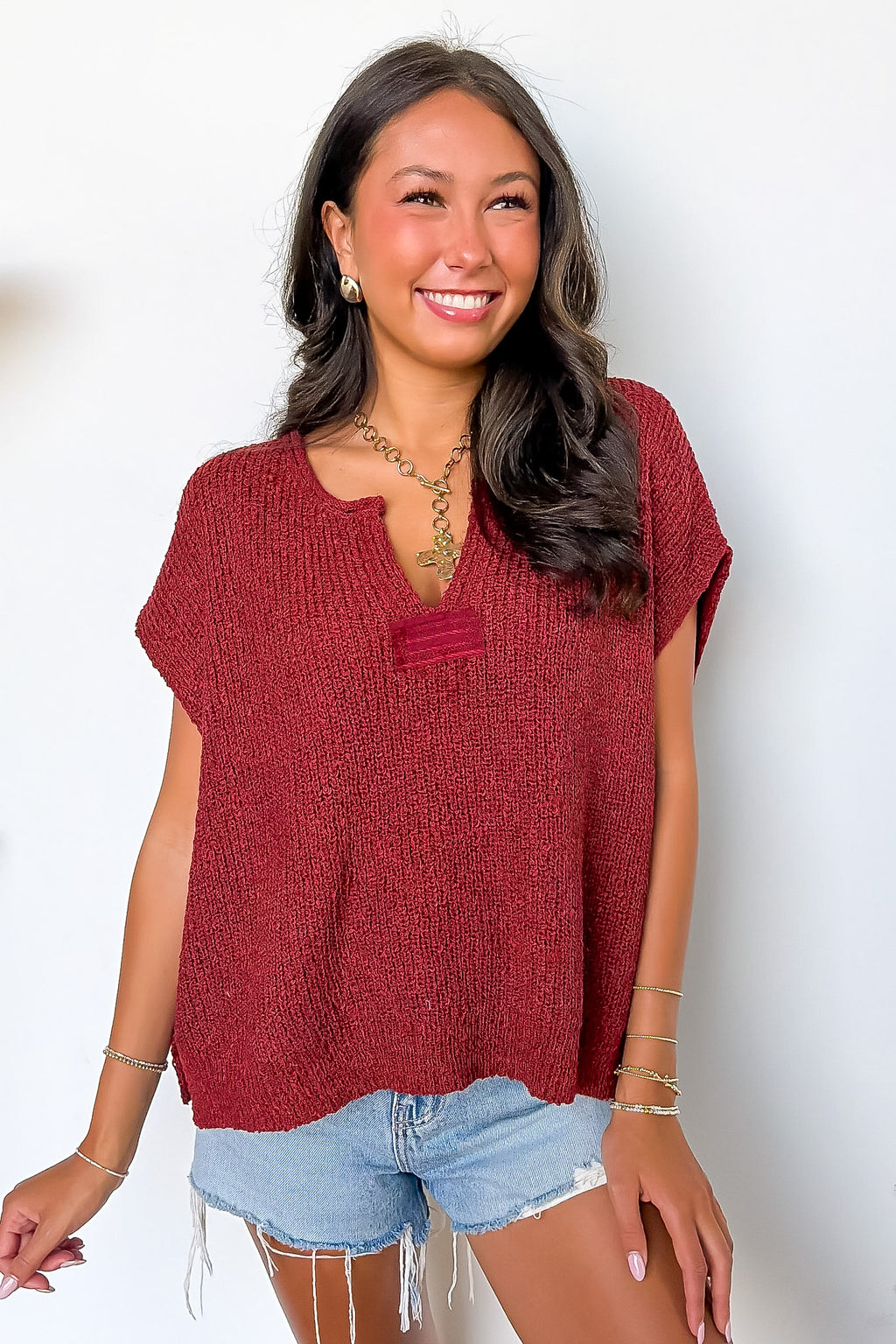 Rust / SM Necessary Charm V-Neck Side Slit Knit Top - Madison and Mallory