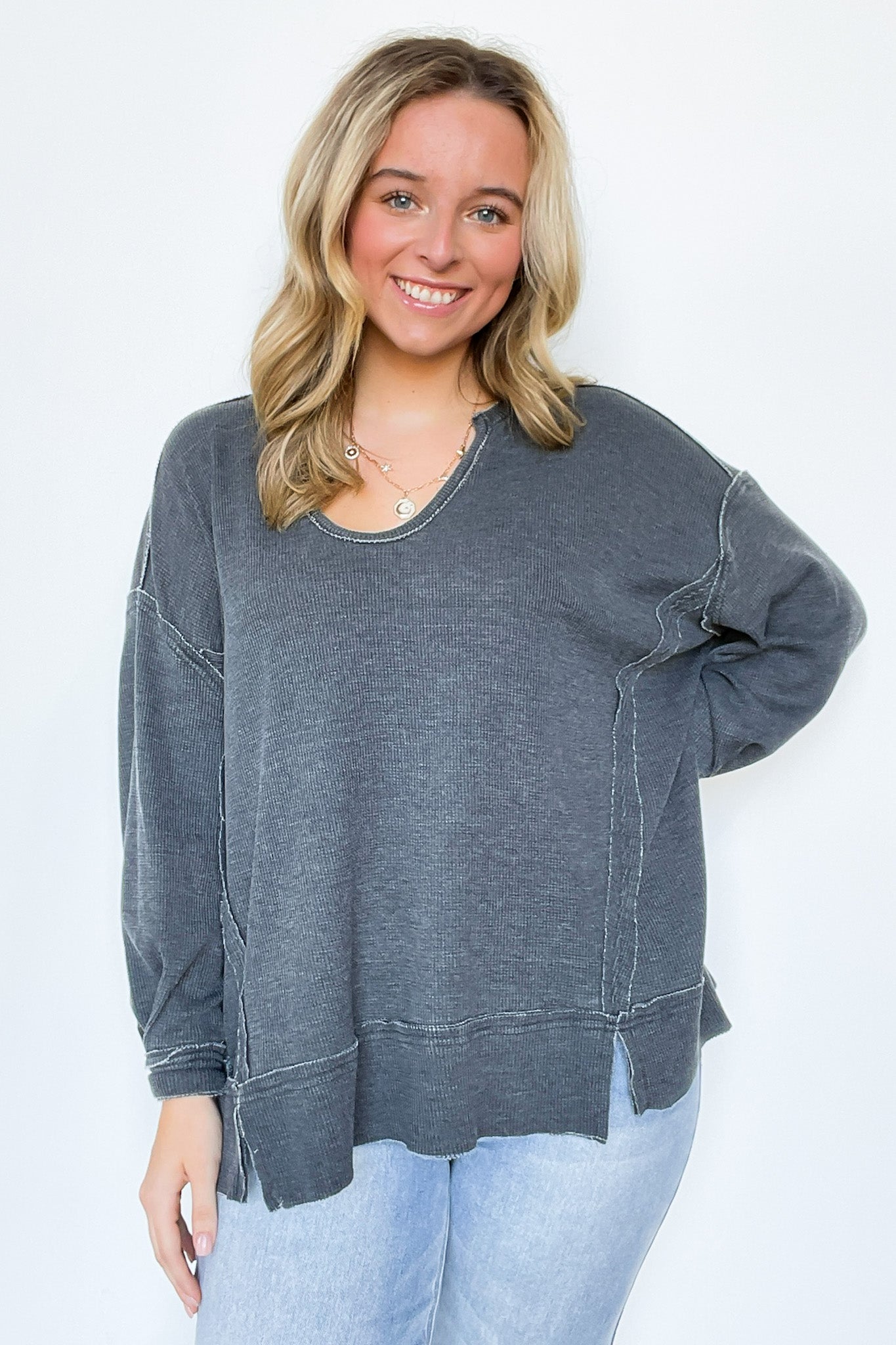  Noella Waffle Knit Oversized Top - Madison and Mallory