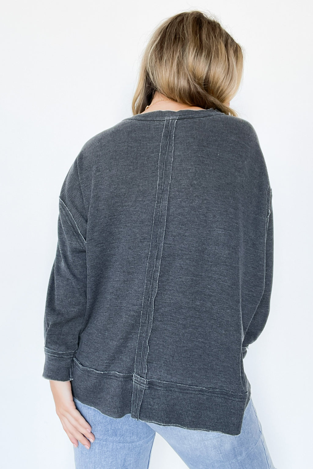 Comfy Grid Waffle Knit Oversized Long Sleeve Top - Madison and Mallory