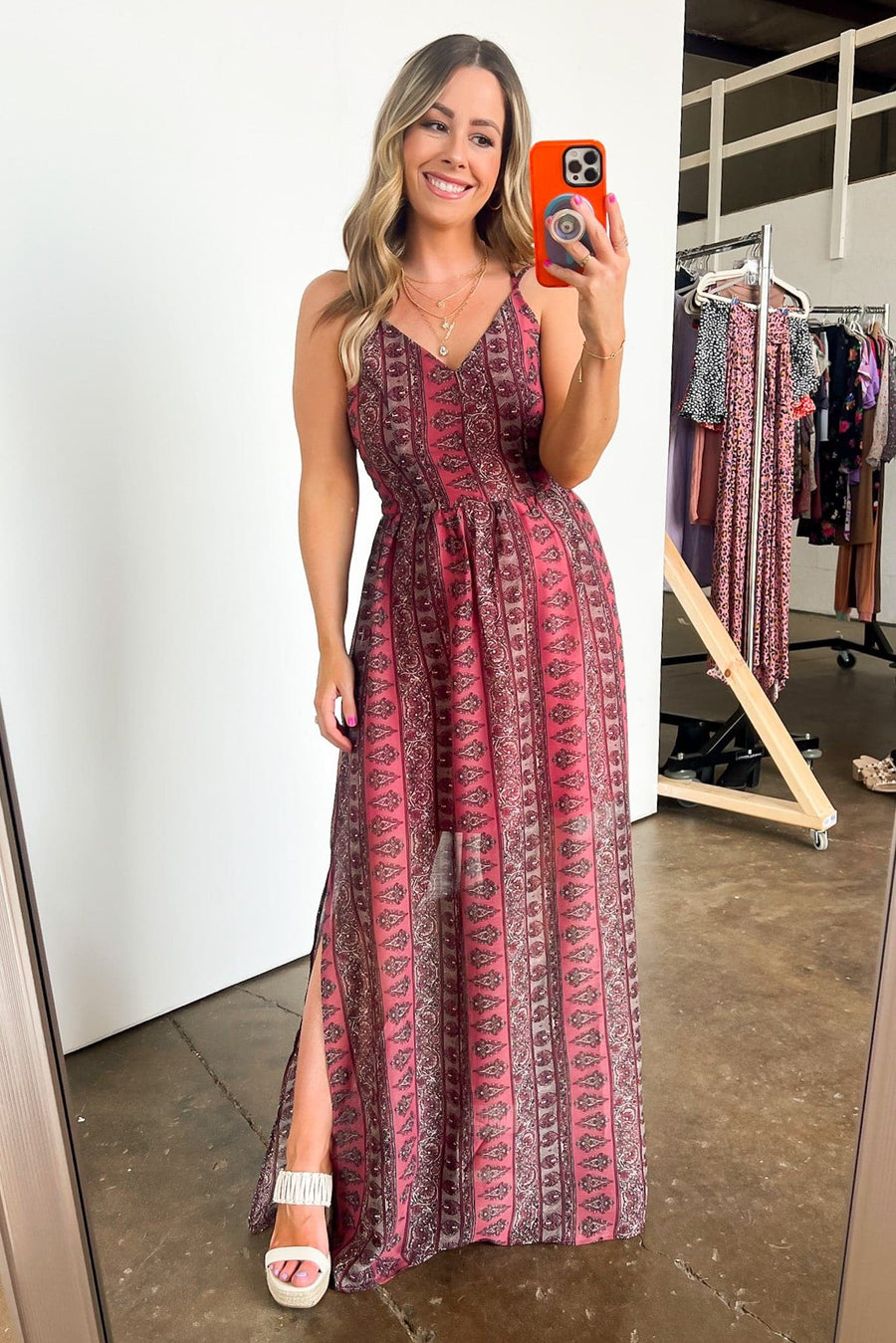 S / Pink Norielle Geo Print Criss Cross Back Flowy Maxi Dress - FINAL SALE - Madison and Mallory