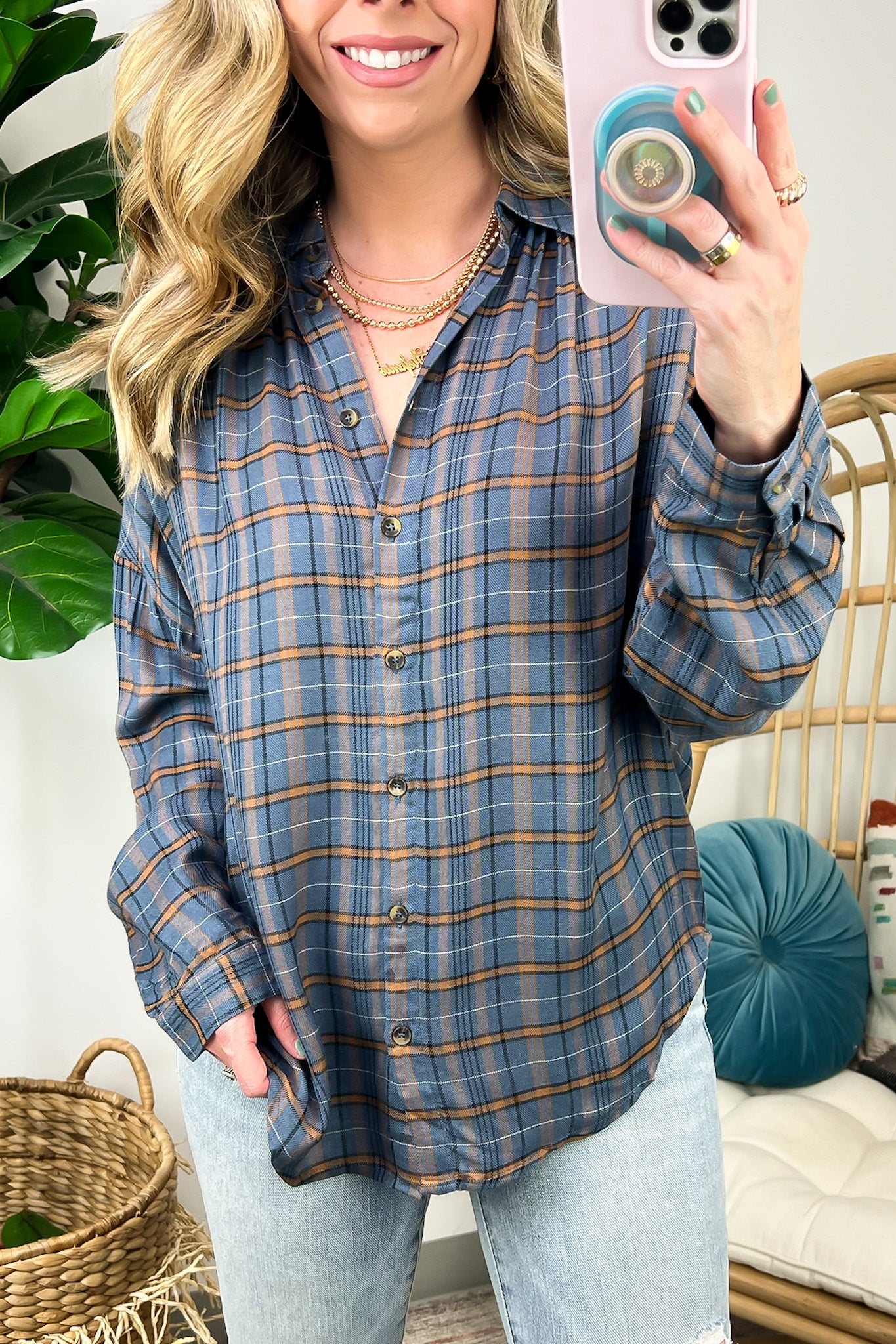 Noteworthy Vibe Plaid Button Down Top