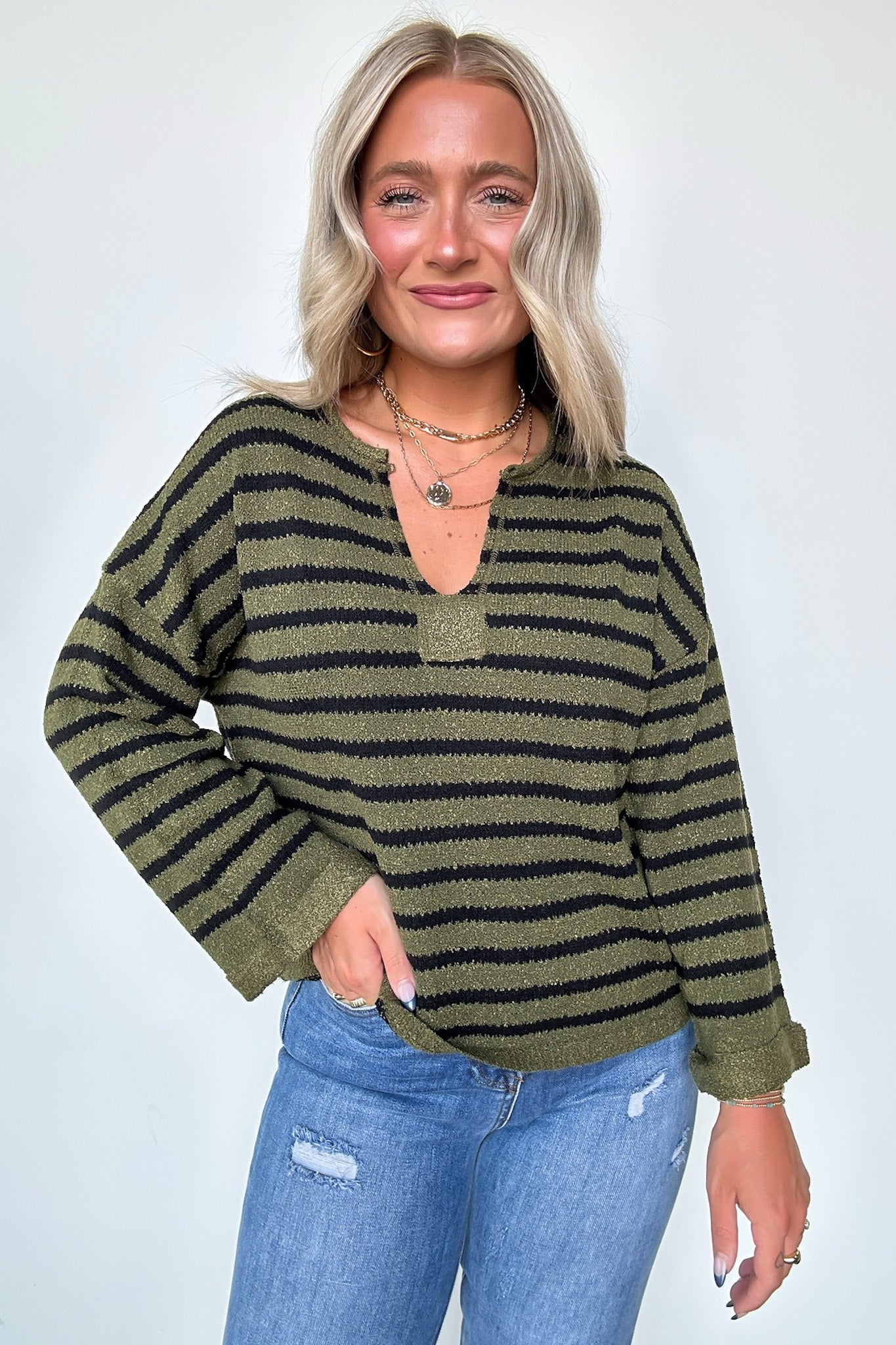 Novalie Striped Split Neck Sweater - FINAL SALE - Madison and Mallory