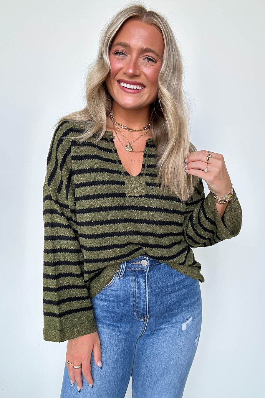 Olive / S Novalie Striped Split Neck Sweater - FINAL SALE - Madison and Mallory