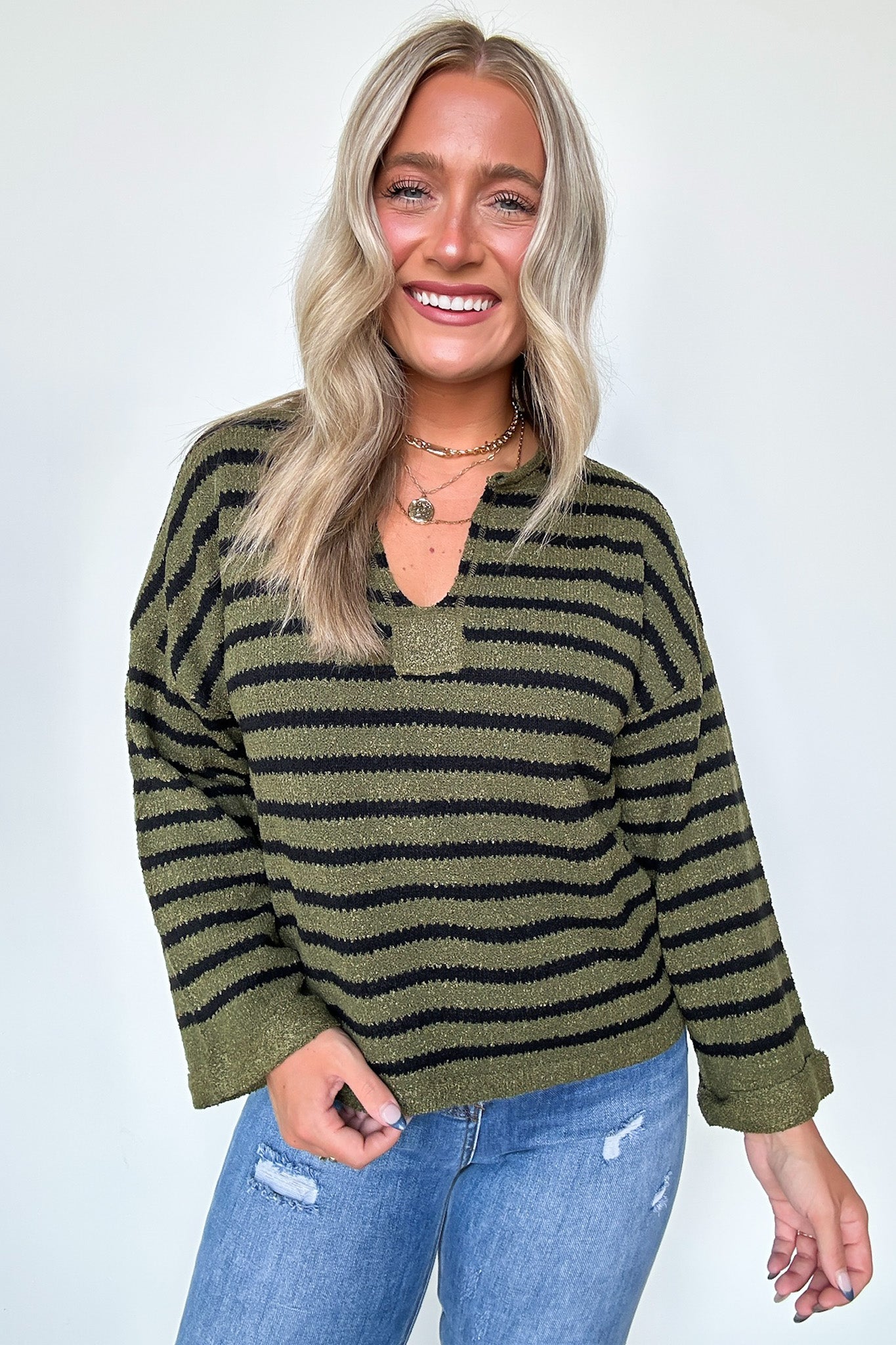 Novalie Striped Split Neck Sweater - FINAL SALE - Madison and Mallory