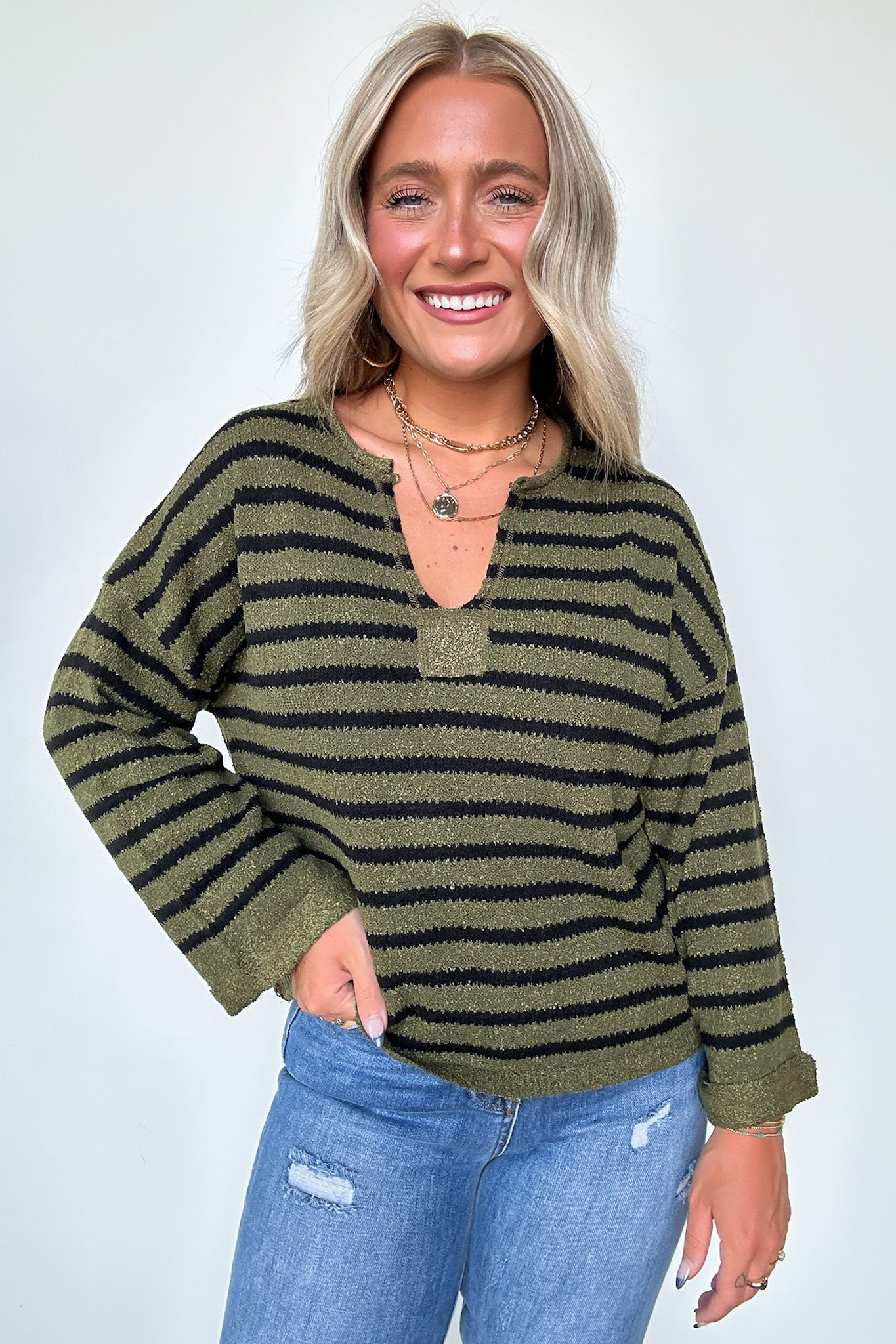 Novalie Striped Split Neck Sweater - FINAL SALE - Madison and Mallory