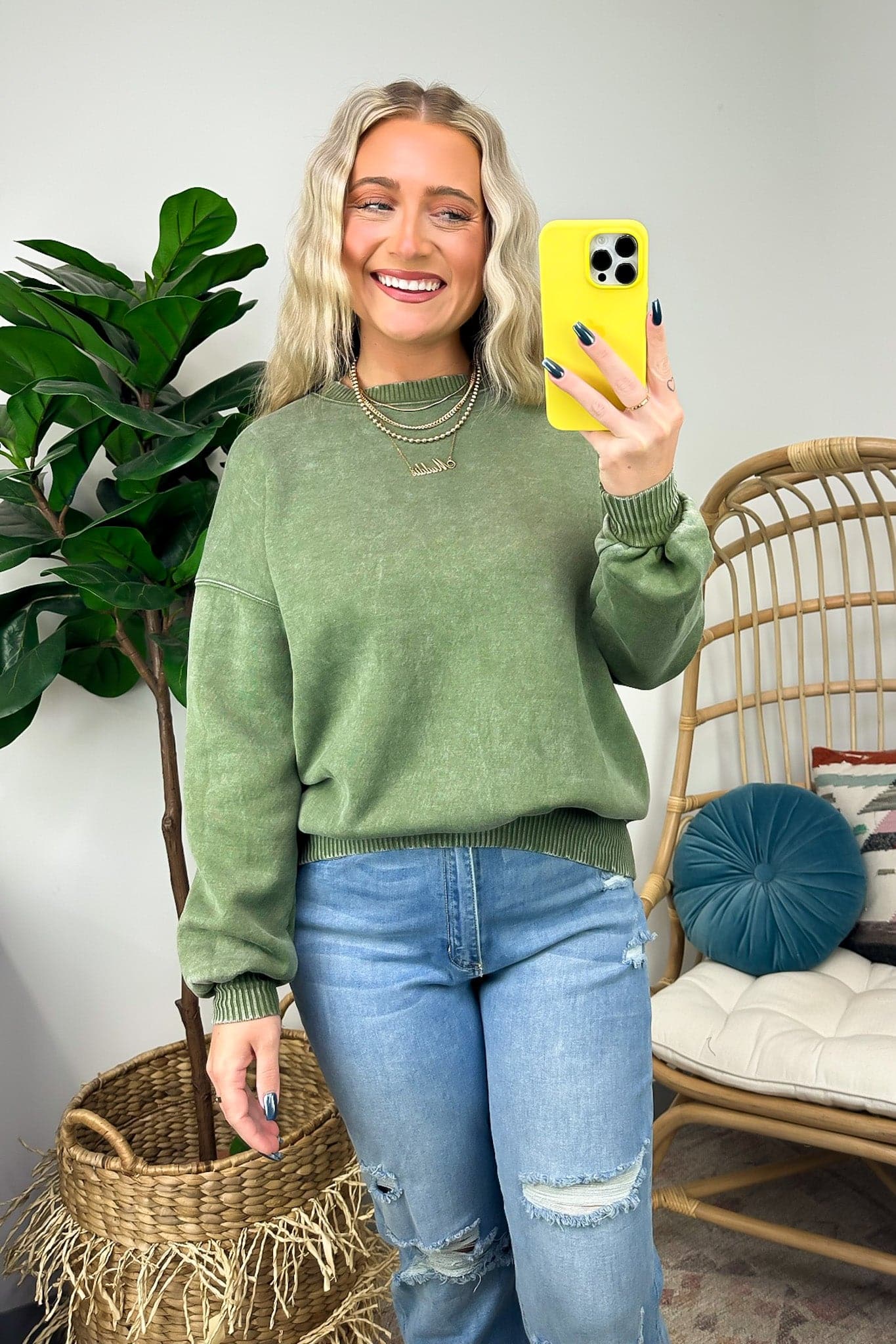 Light Olive / S Nuvola Acid Wash Oversized Pullover - Madison and Mallory