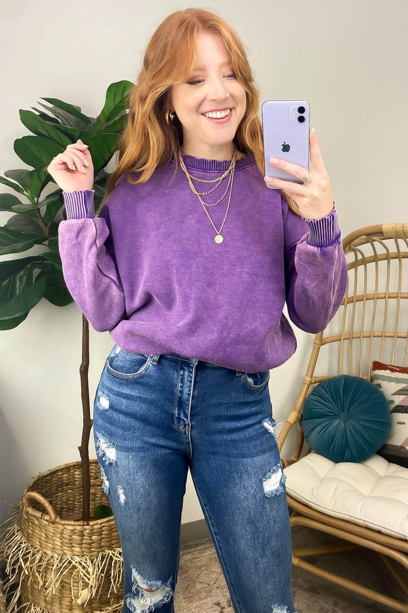 Violet / S Nuvola Acid Wash Oversized Pullover - Madison and Mallory