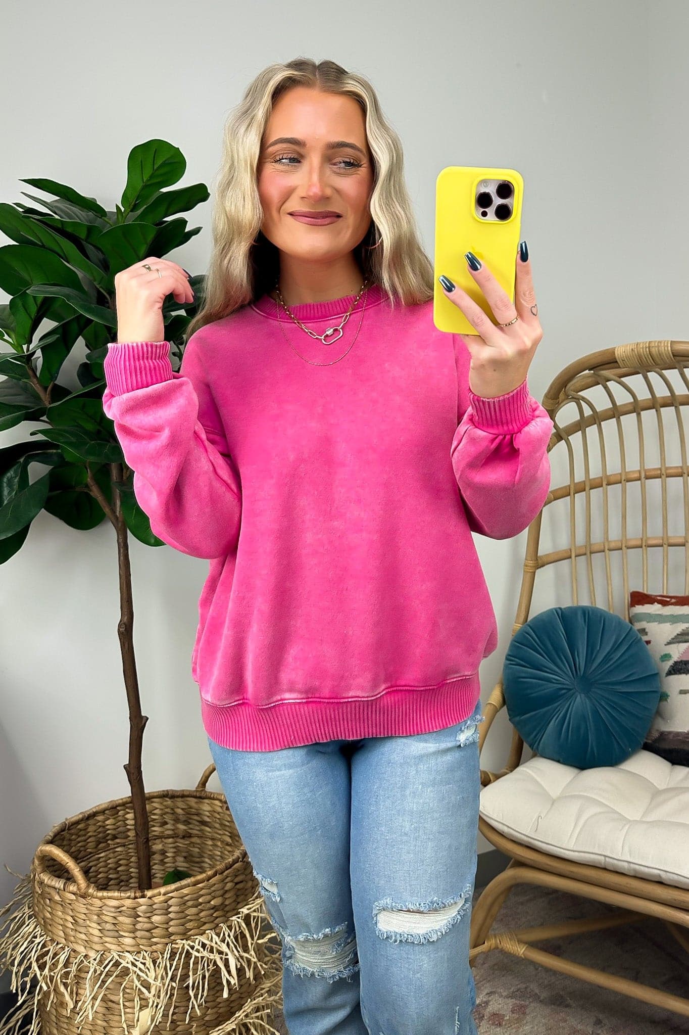 Hot Pink / S Nuvola Acid Wash Oversized Pullover - Madison and Mallory