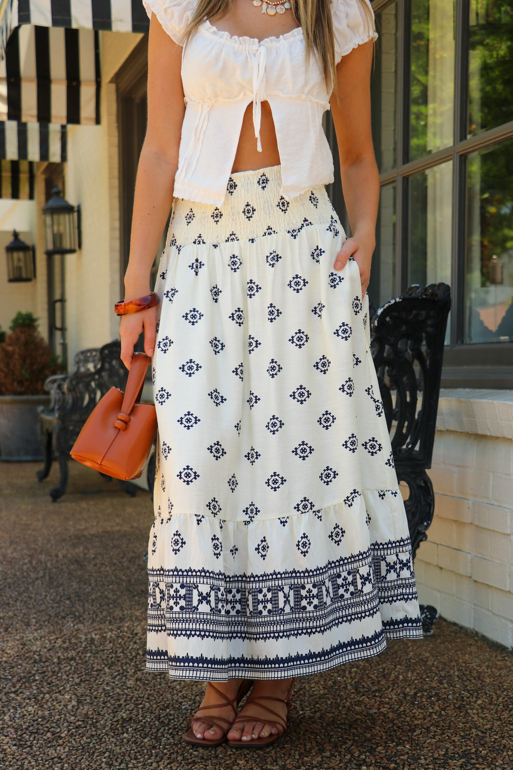 S / Navy/Ivory Oasis Destination Printed Smocked Waist Maxi Skirt - Madison and Mallory
