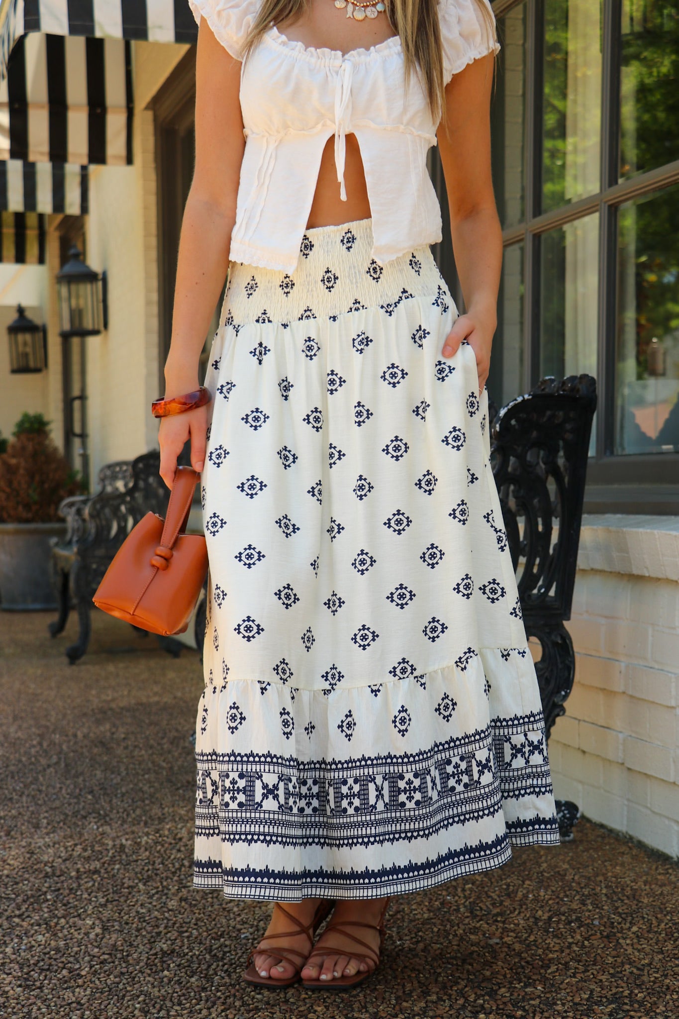 S / Navy/Ivory Oasis Destination Printed Smocked Waist Maxi Skirt - Madison and Mallory