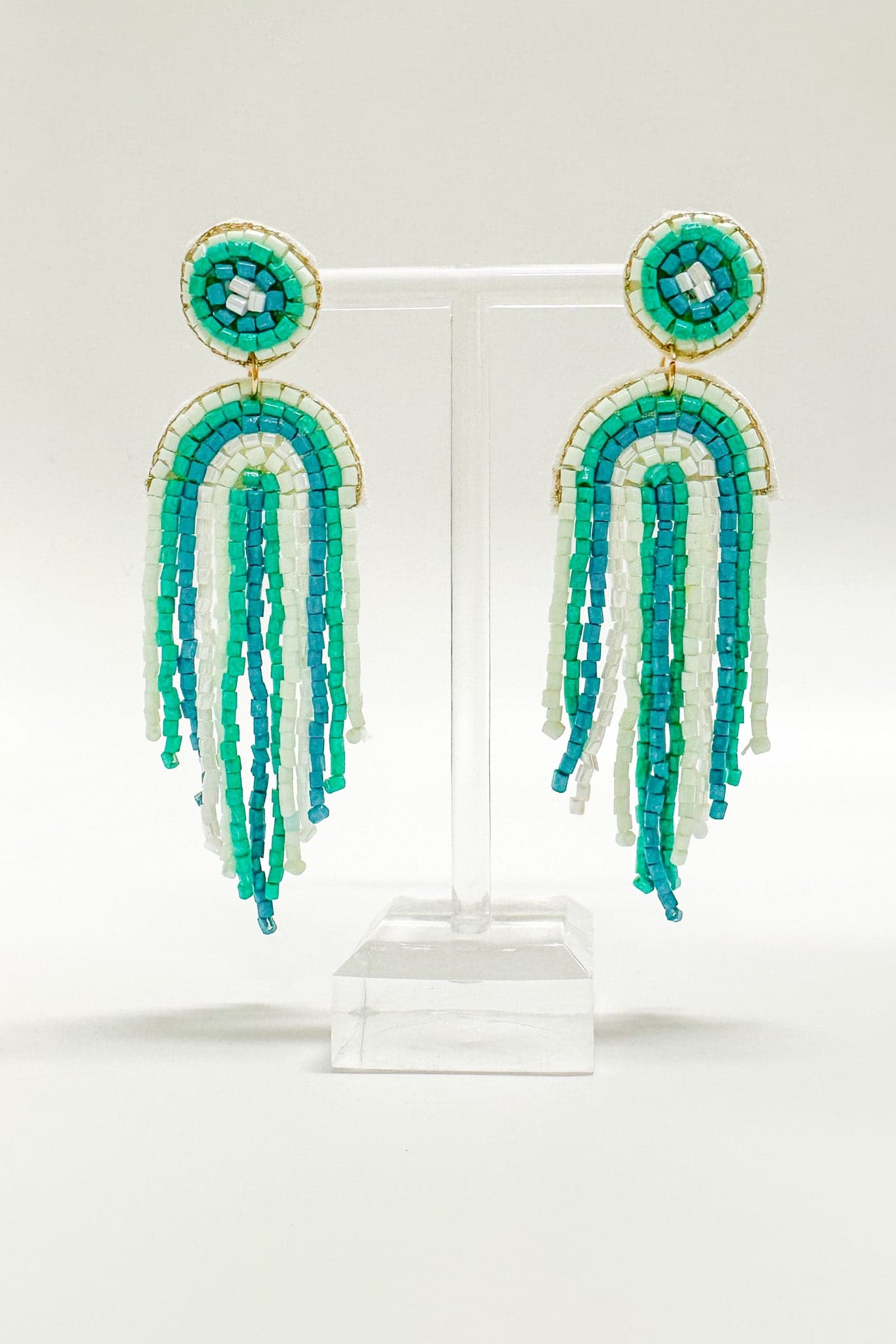 Teal/White Obidos Beaded Rainbow Arch Drop Earrings - Madison and Mallory