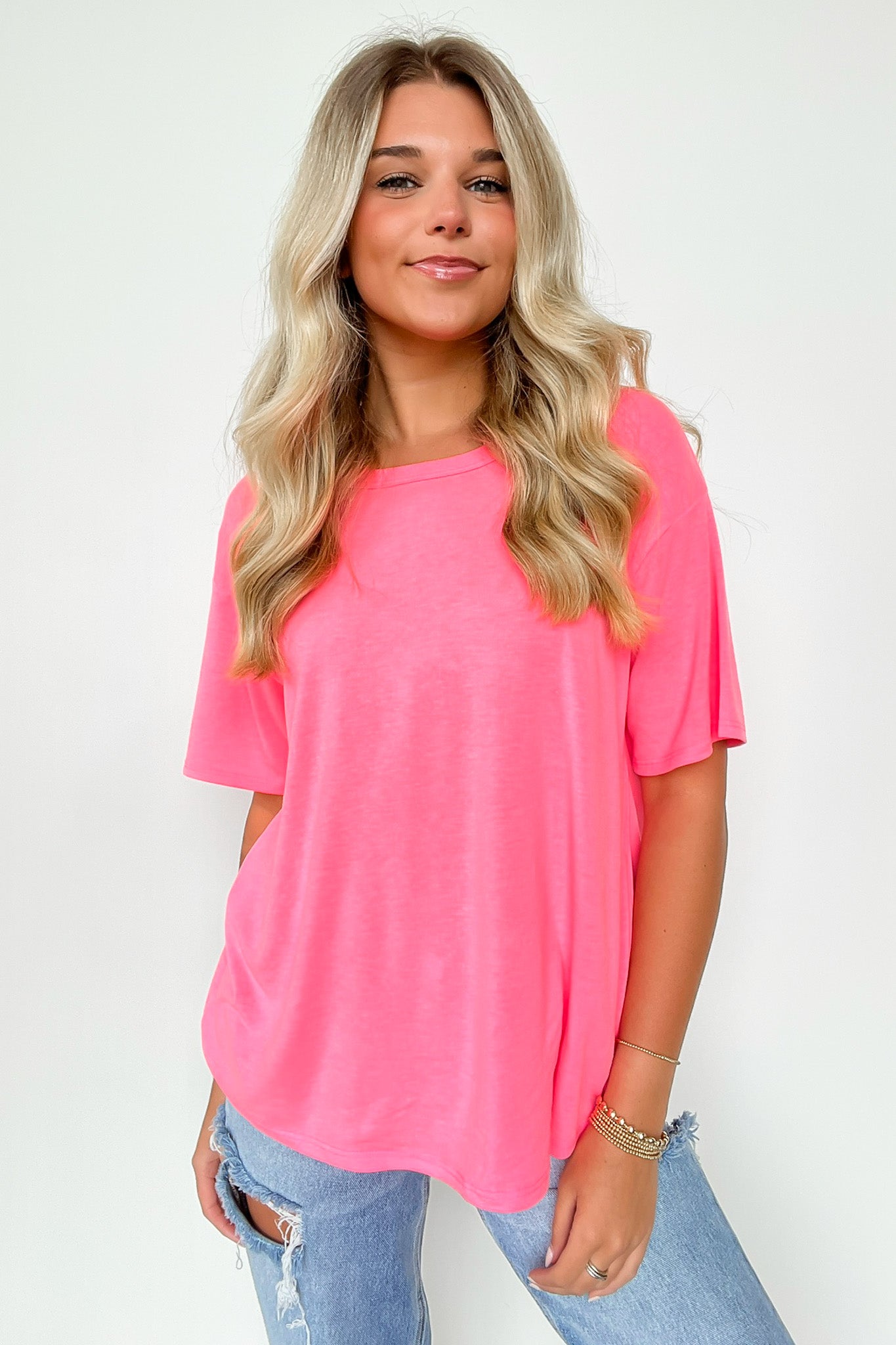 Neon Pink / S Odessah Short Sleeve Relaxed Fit Top - FINAL SALE - Madison and Mallory