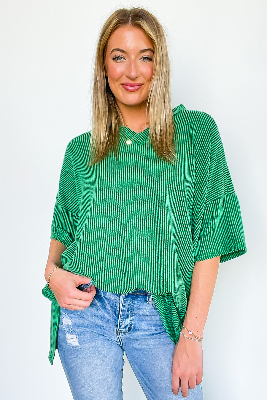 Off the Clock V-Neck Rib Knit Short Sleeve Top